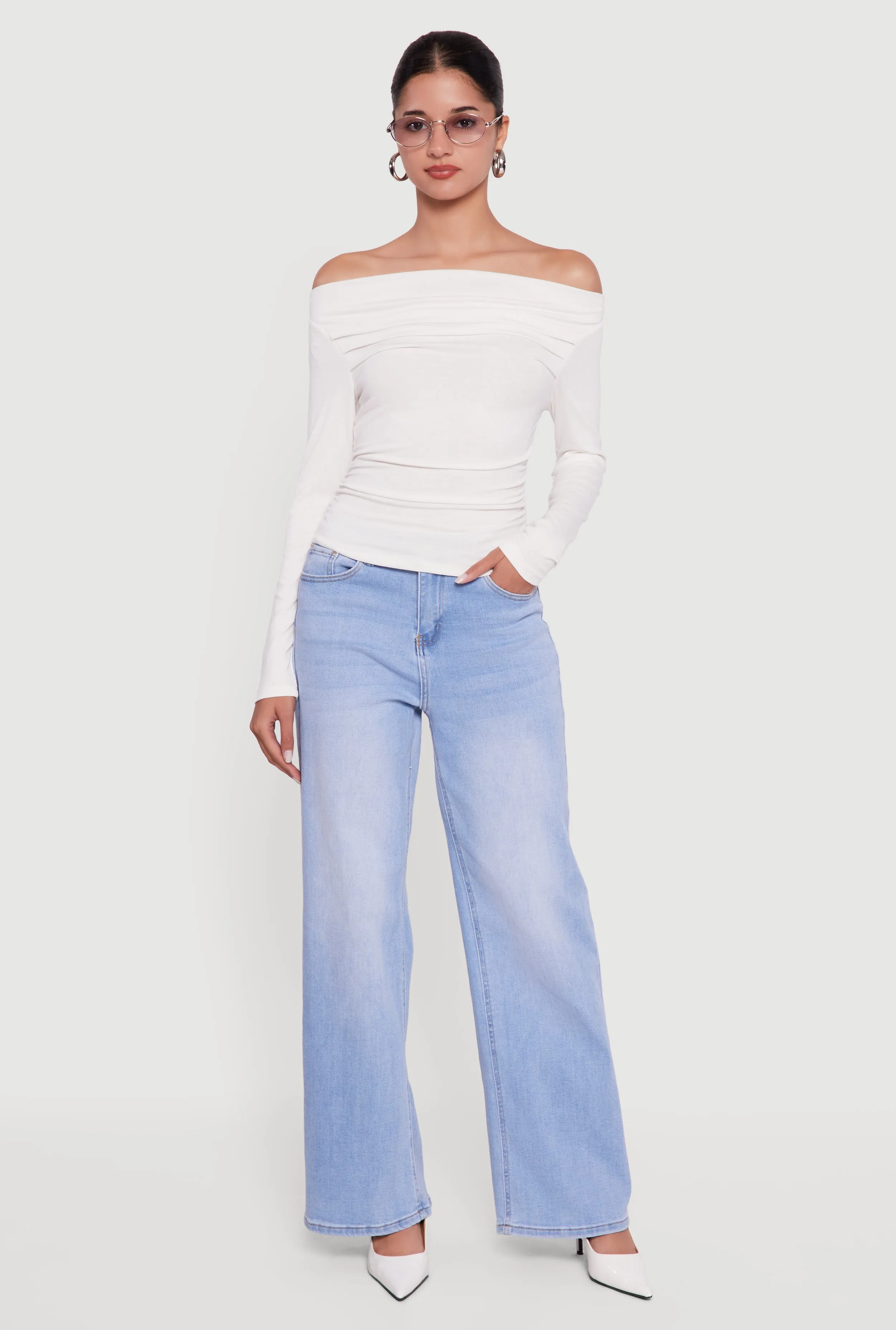 Long Sleeve Off the Shoulder Side Ruched Blouse sold by Rainbow product image thumbnail 3