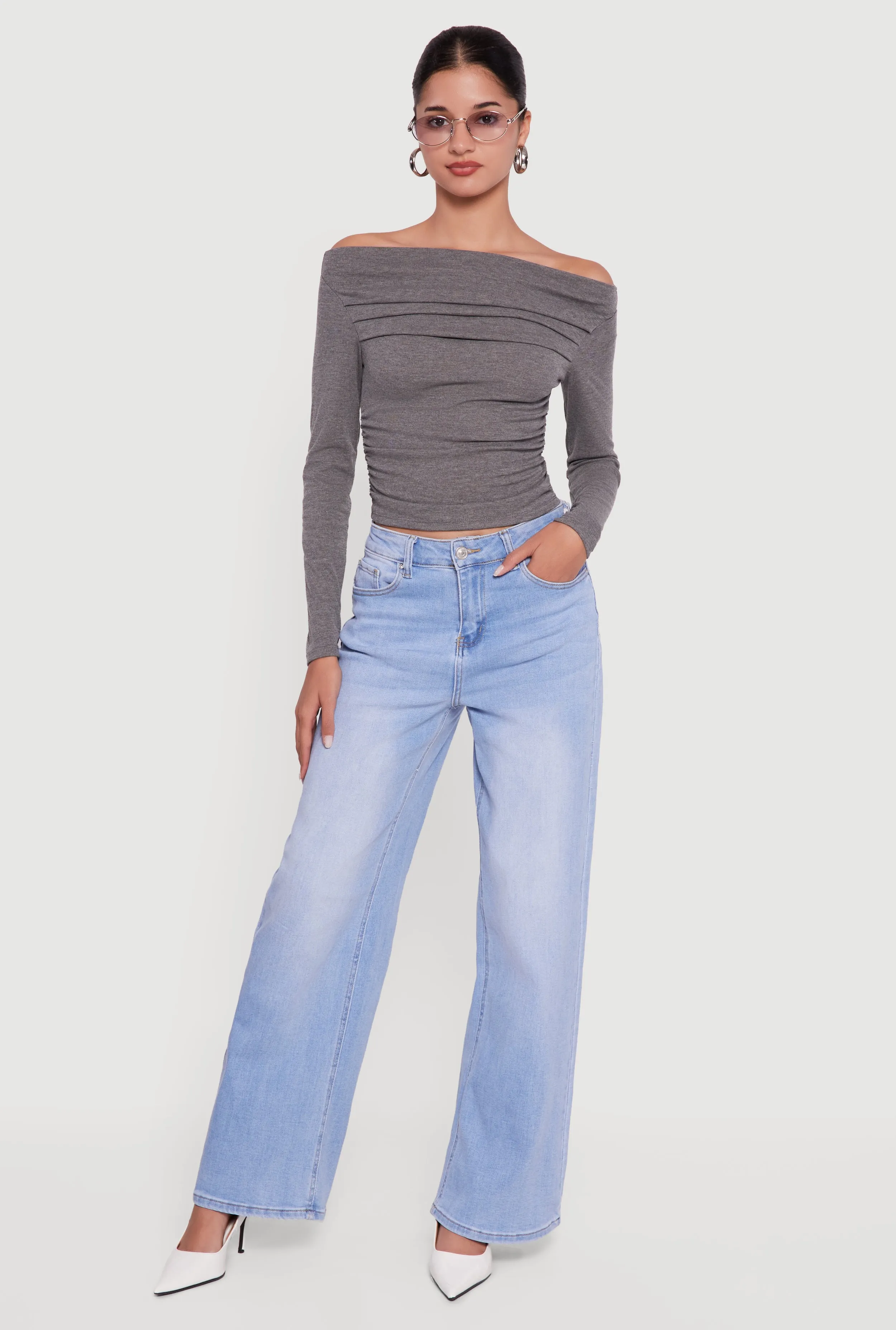 Long Sleeve Off the Shoulder Side Ruched Blouse sold by Rainbow