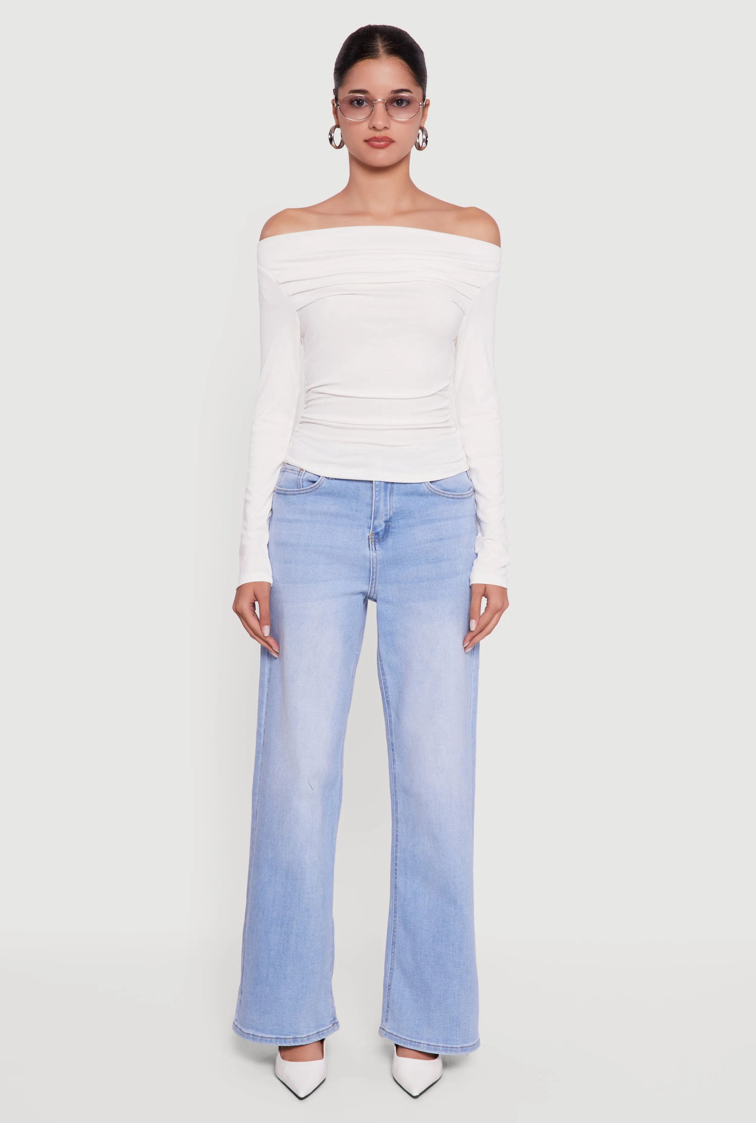 Long Sleeve Off the Shoulder Side Ruched Blouse sold by Rainbow product image thumbnail 3