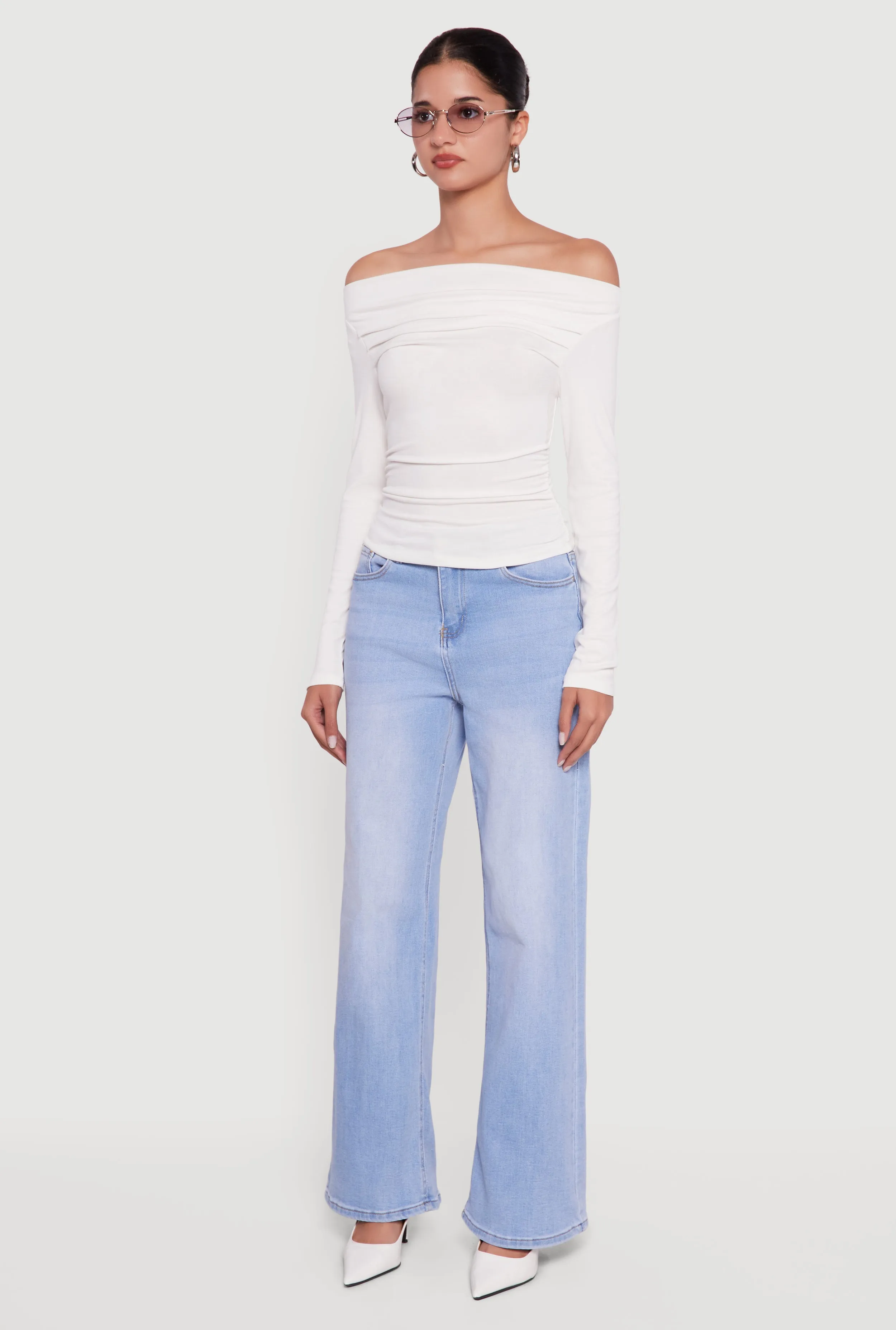 Long Sleeve Off the Shoulder Side Ruched Blouse sold by Rainbow product image thumbnail 5