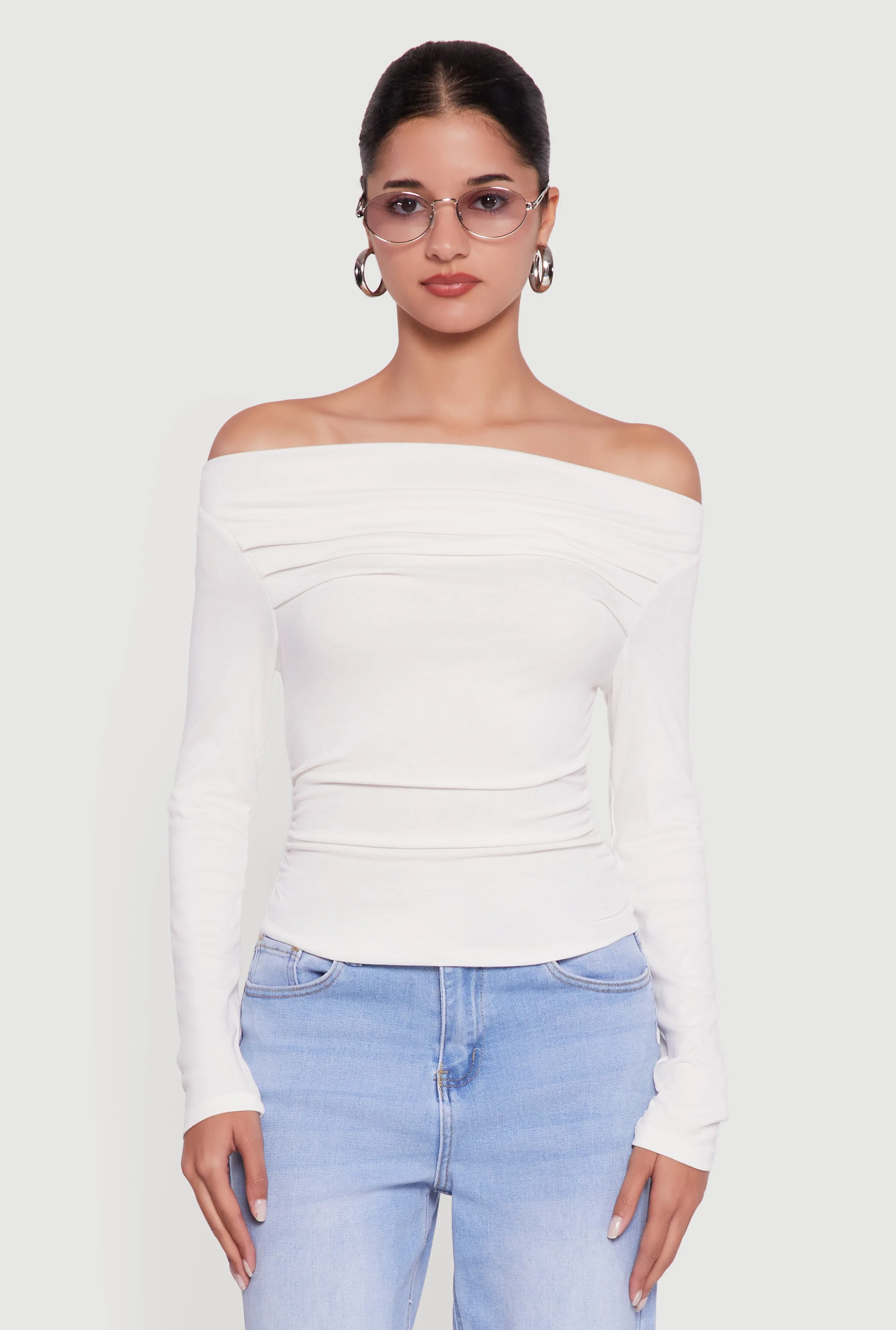 Long Sleeve Off the Shoulder Side Ruched Blouse sold by Rainbow product image thumbnail 2