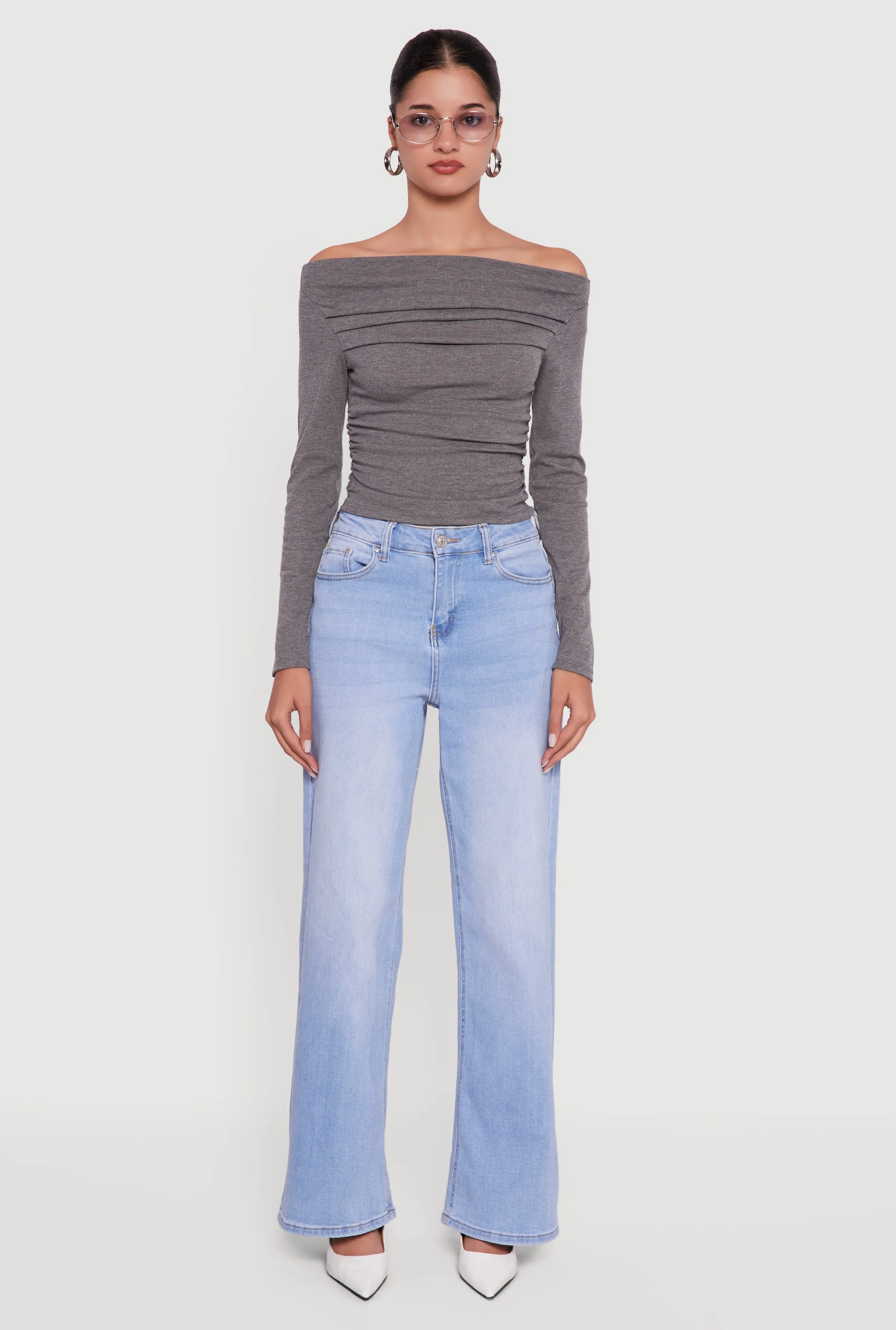 Long Sleeve Off the Shoulder Side Ruched Blouse sold by Rainbow product image thumbnail 3