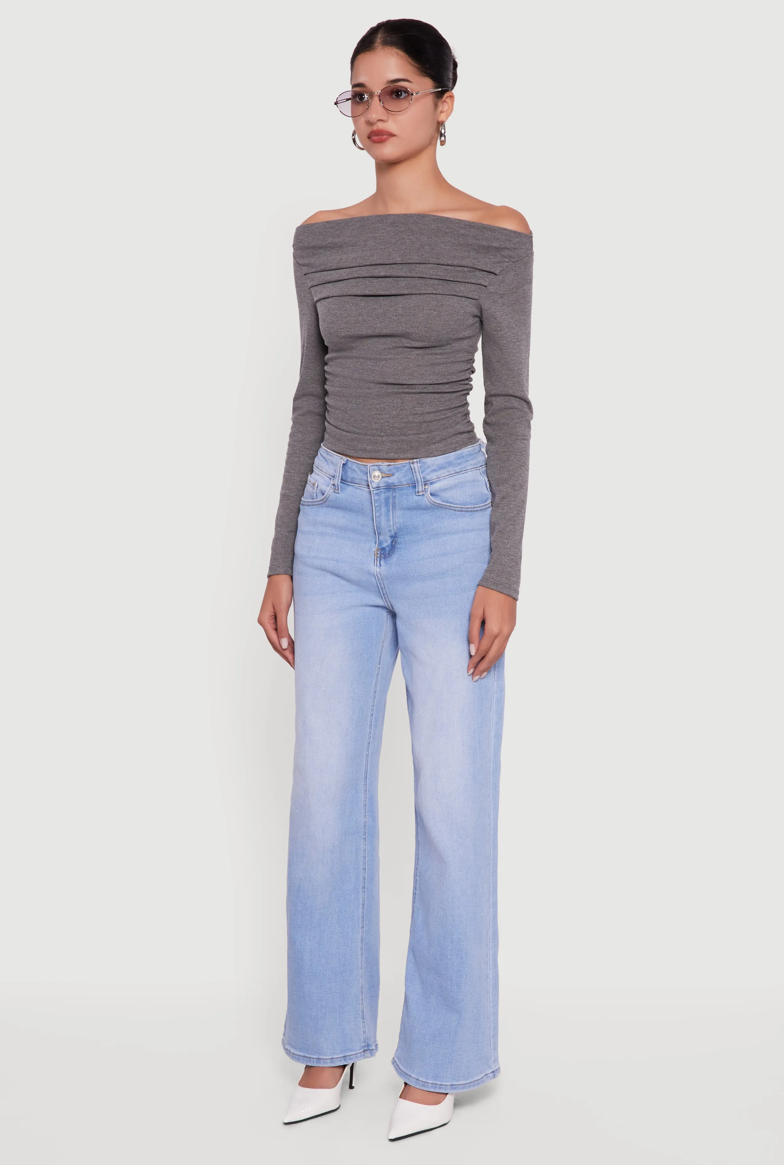 Long Sleeve Off the Shoulder Side Ruched Blouse sold by Rainbow product image thumbnail 5