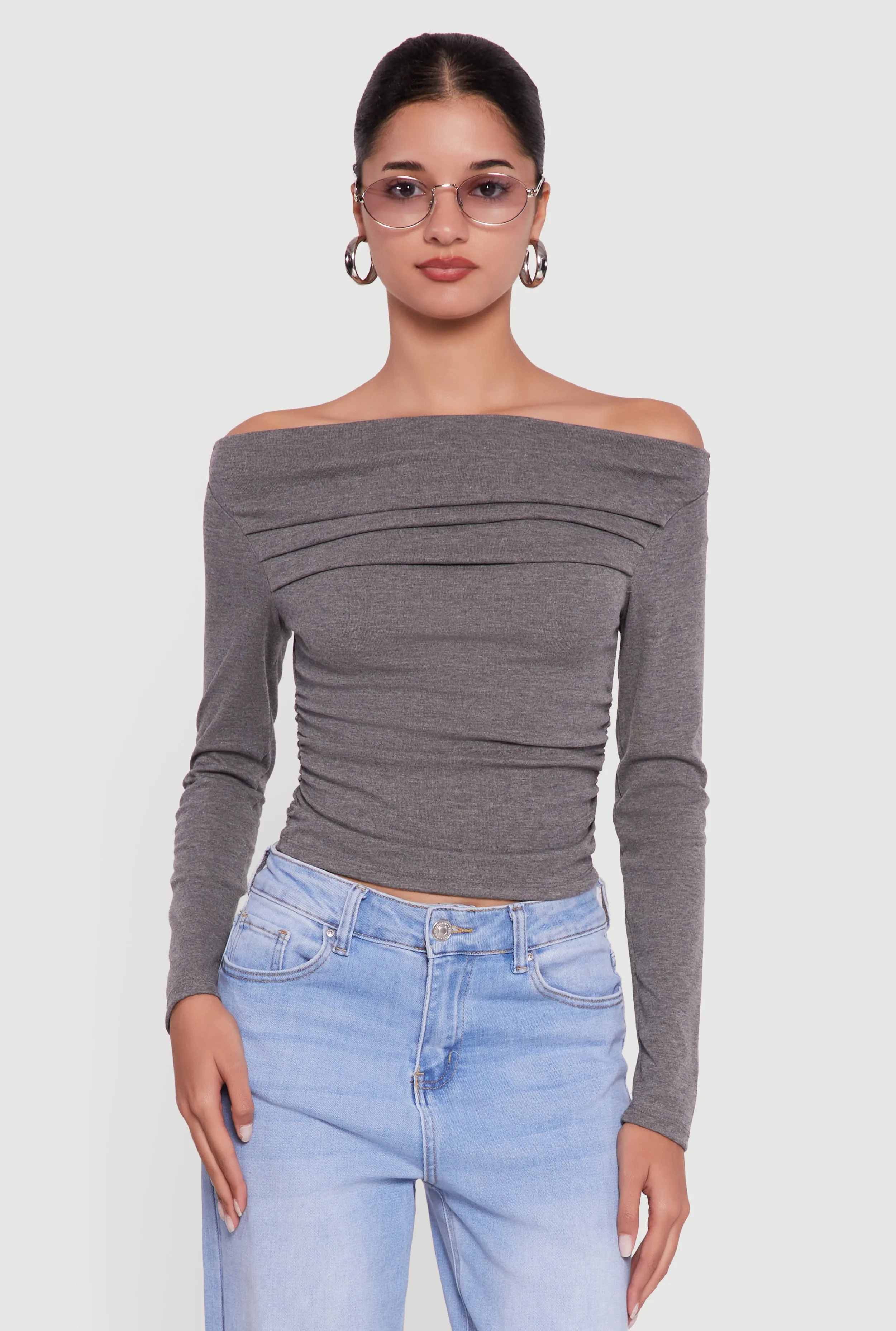 Long Sleeve Off the Shoulder Side Ruched Blouse sold by Rainbow product image thumbnail 2