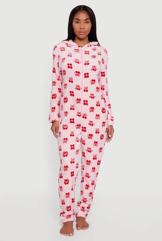 Cherry Bow Print Hooded Long Sleeve Pajama Onesie sold by Rainbow