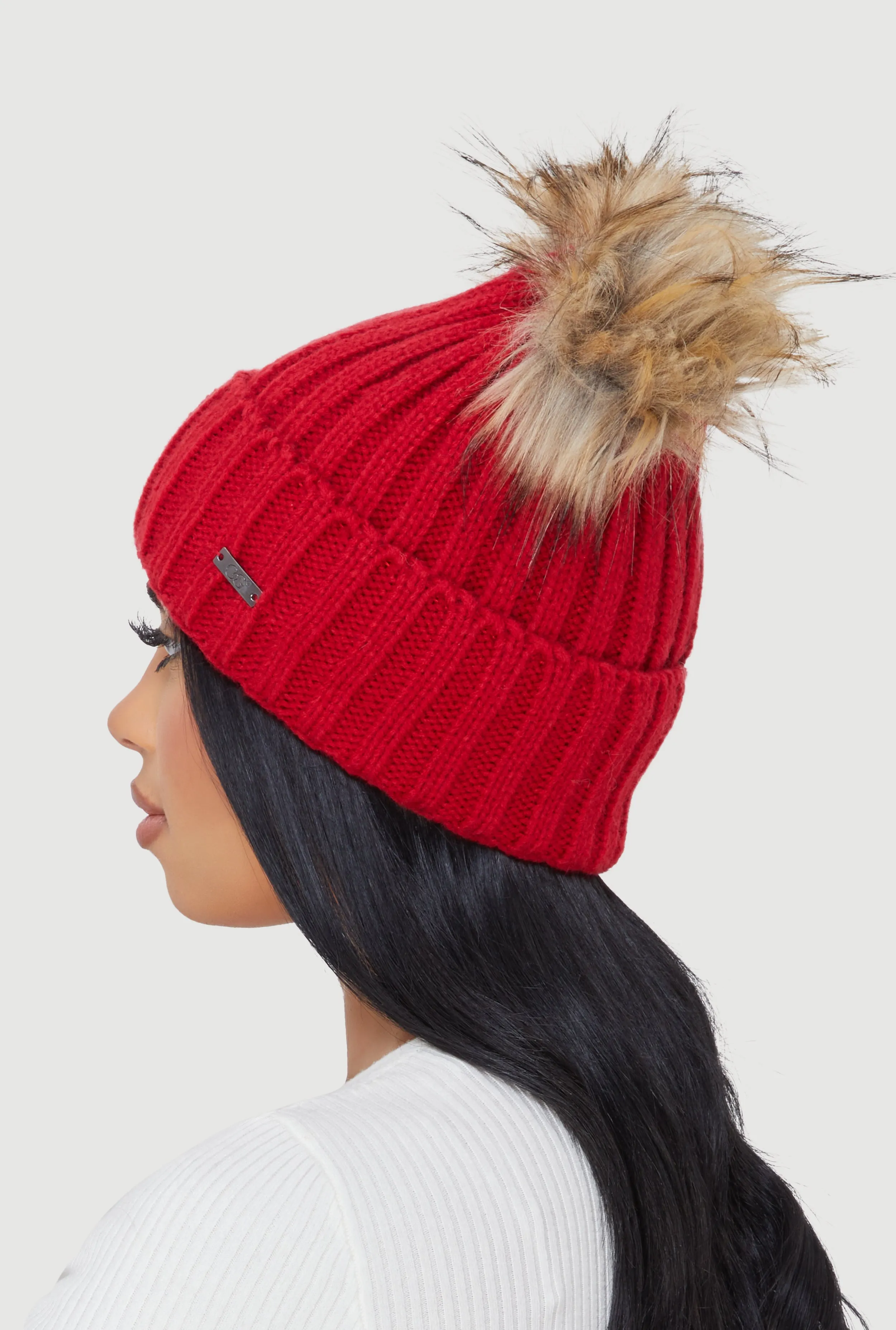 Double Faux Fur Pom Pom Rib Knit Beanie sold by Rainbow product image thumbnail 3