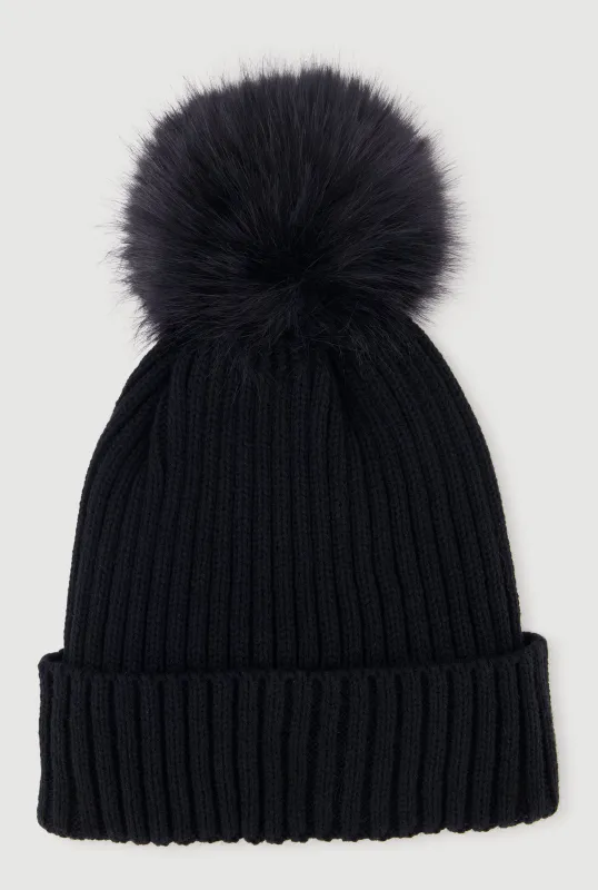 Trendy Faux Fur Pom Pom Detail Ribbed Knit Beanie sold by Rainbow