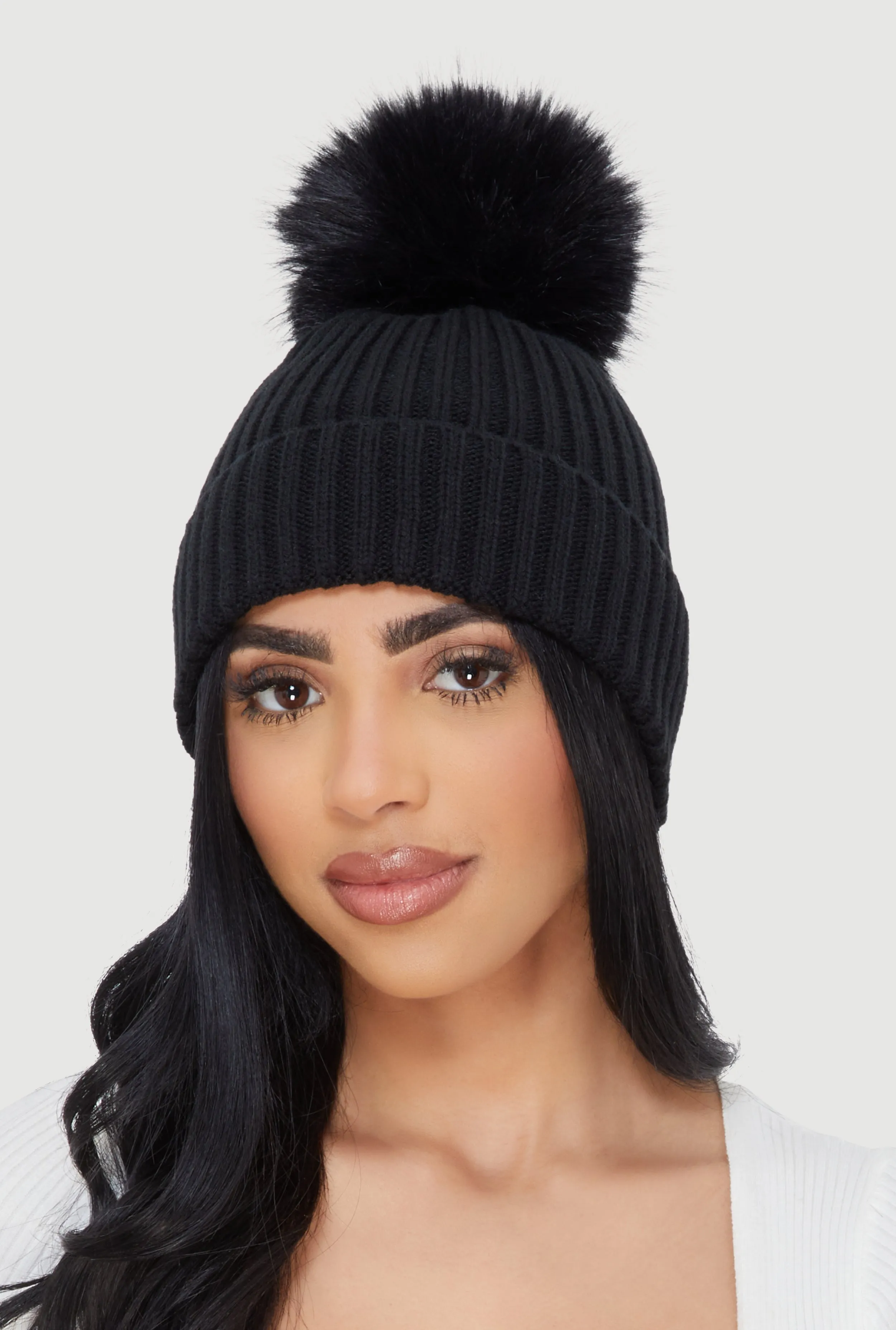 Trendy Faux Fur Pom Pom Detail Ribbed Knit Beanie sold by Rainbow product image thumbnail 2