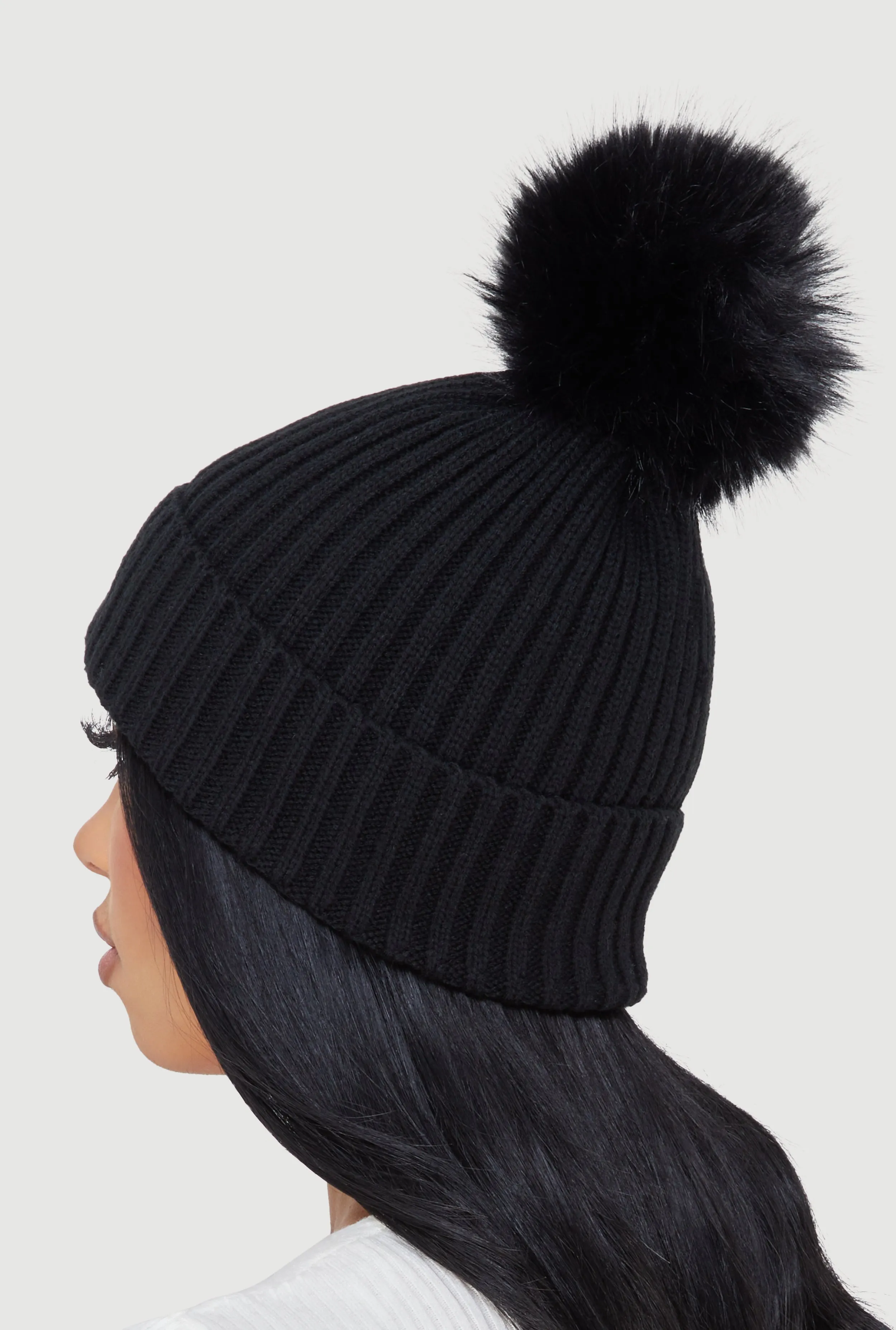 Trendy Faux Fur Pom Pom Detail Ribbed Knit Beanie sold by Rainbow product image thumbnail 3