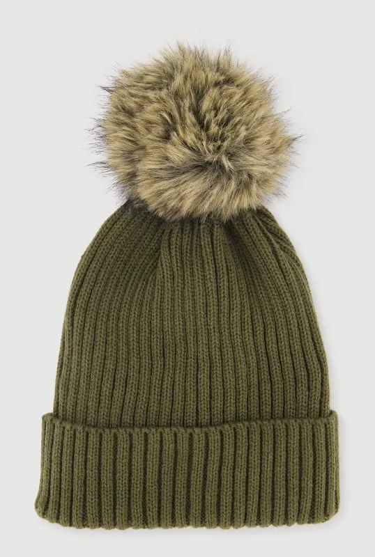 Trendy Faux Fur Pom Pom Detail Ribbed Knit Beanie sold by Rainbow