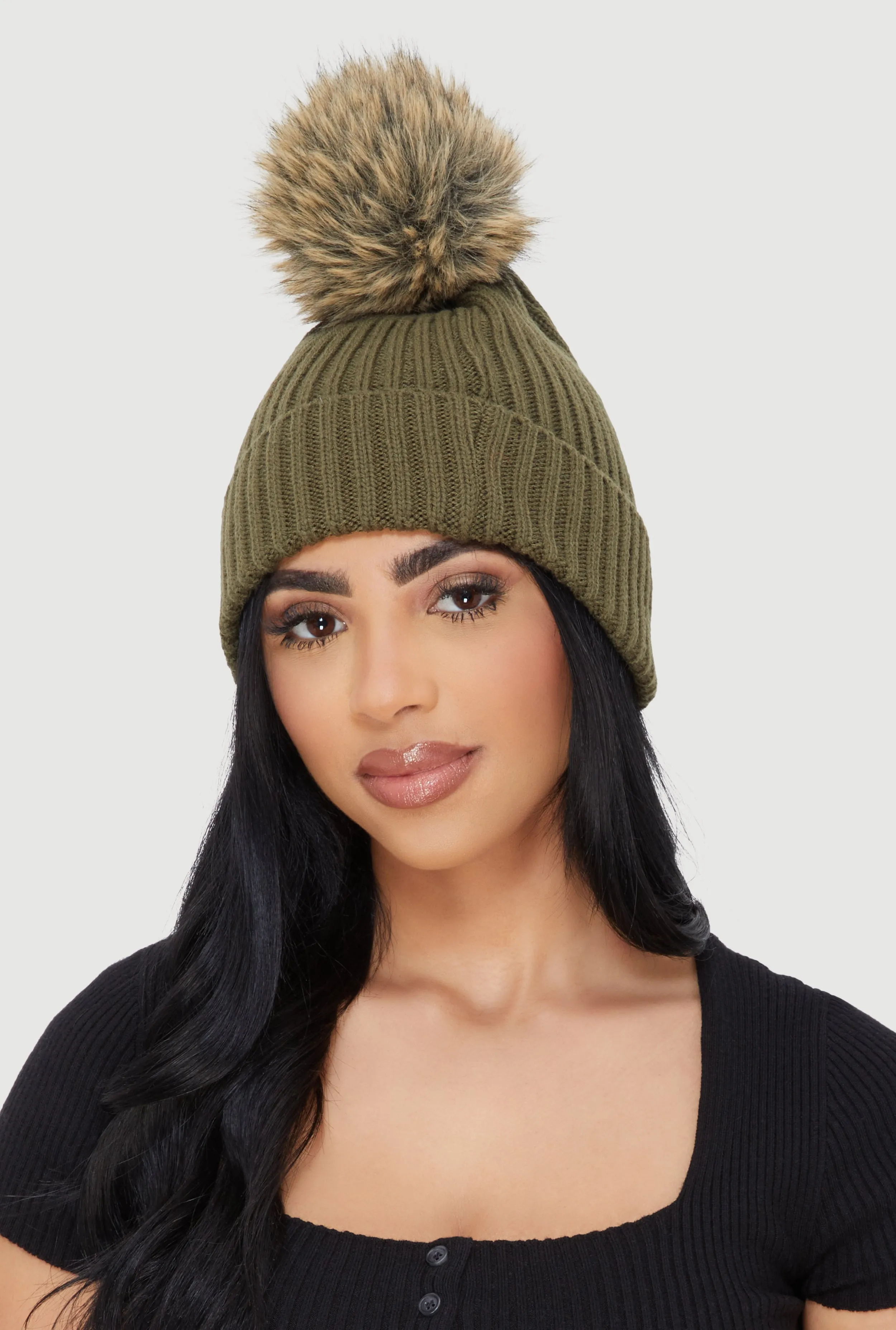 Trendy Faux Fur Pom Pom Detail Ribbed Knit Beanie sold by Rainbow product image thumbnail 2