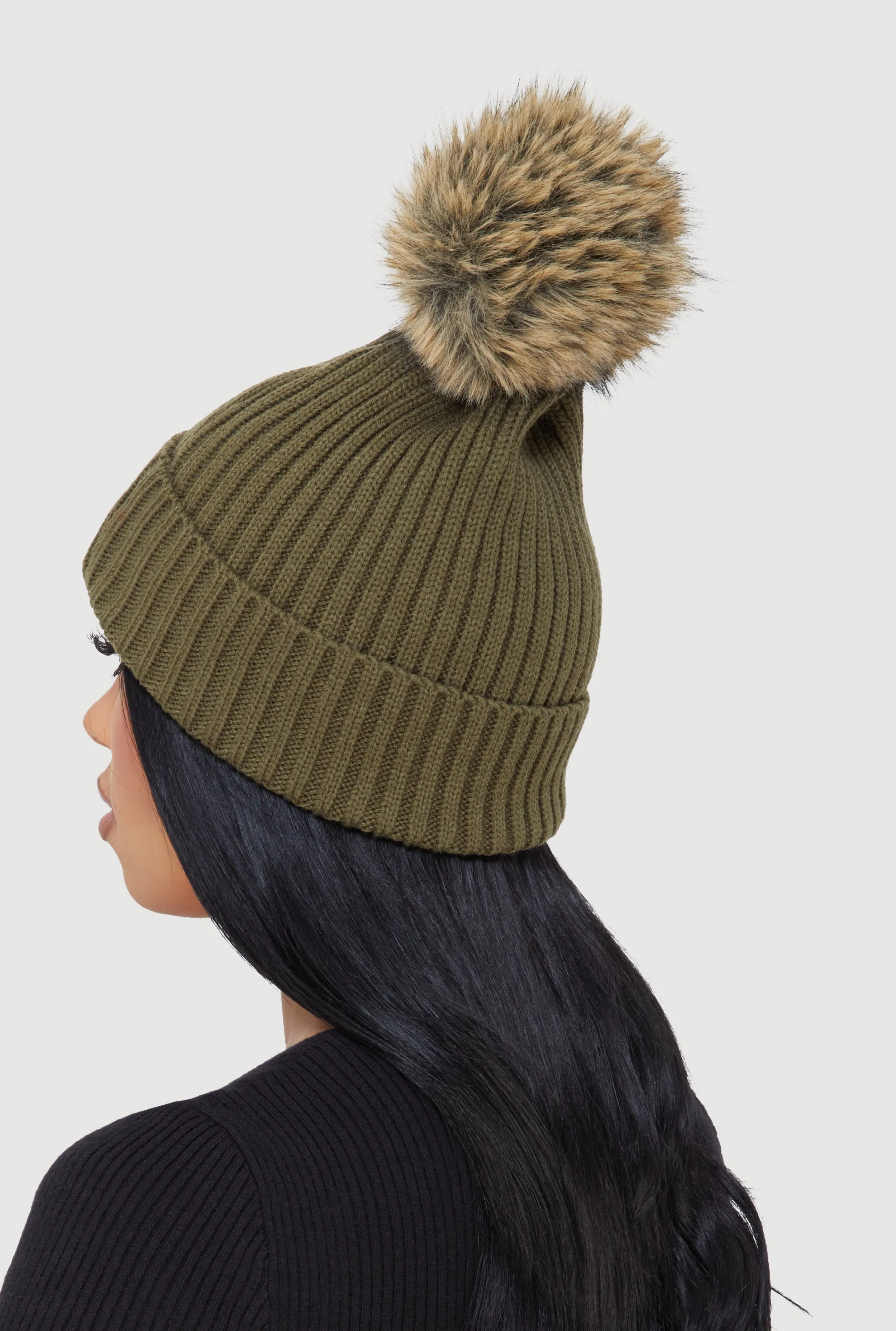 Trendy Faux Fur Pom Pom Detail Ribbed Knit Beanie sold by Rainbow product image thumbnail 3