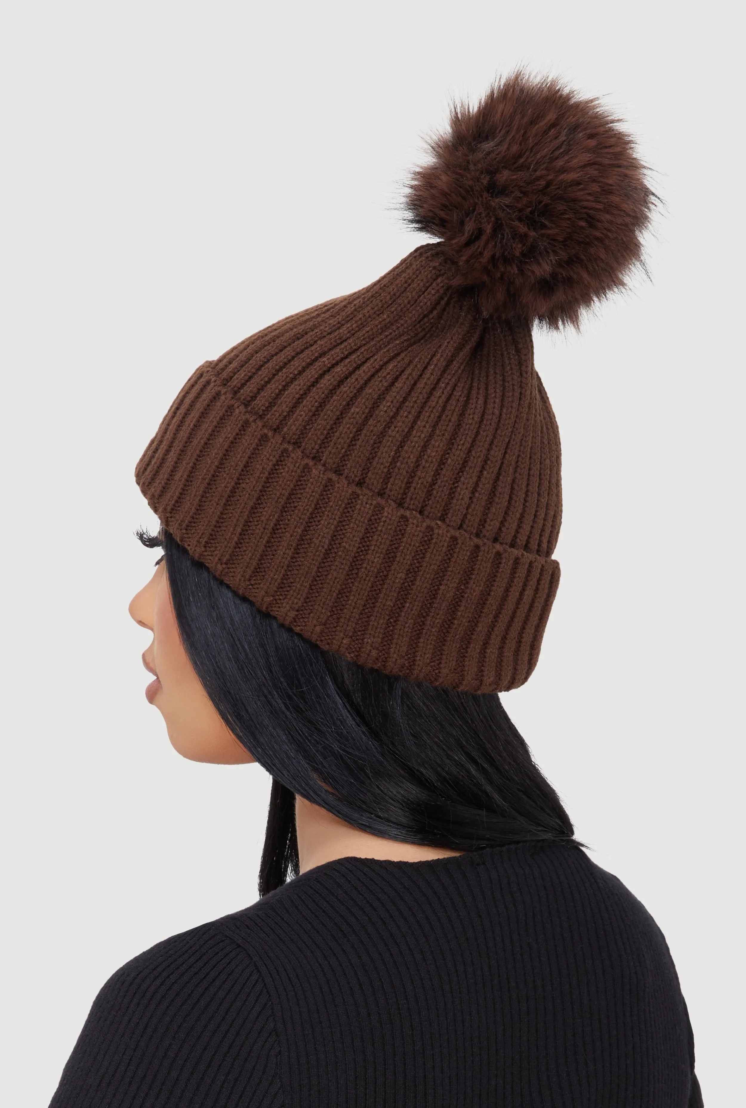 Trendy Faux Fur Pom Pom Detail Ribbed Knit Beanie sold by Rainbow product image thumbnail 3