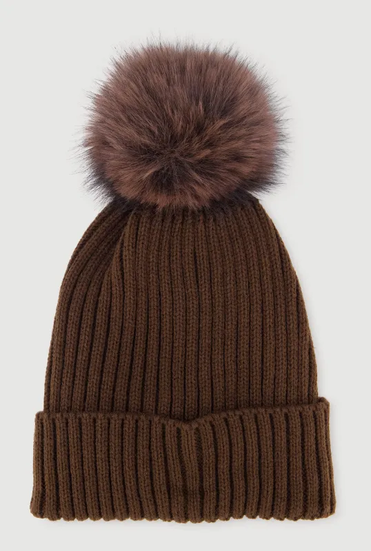 Trendy Faux Fur Pom Pom Detail Ribbed Knit Beanie sold by Rainbow