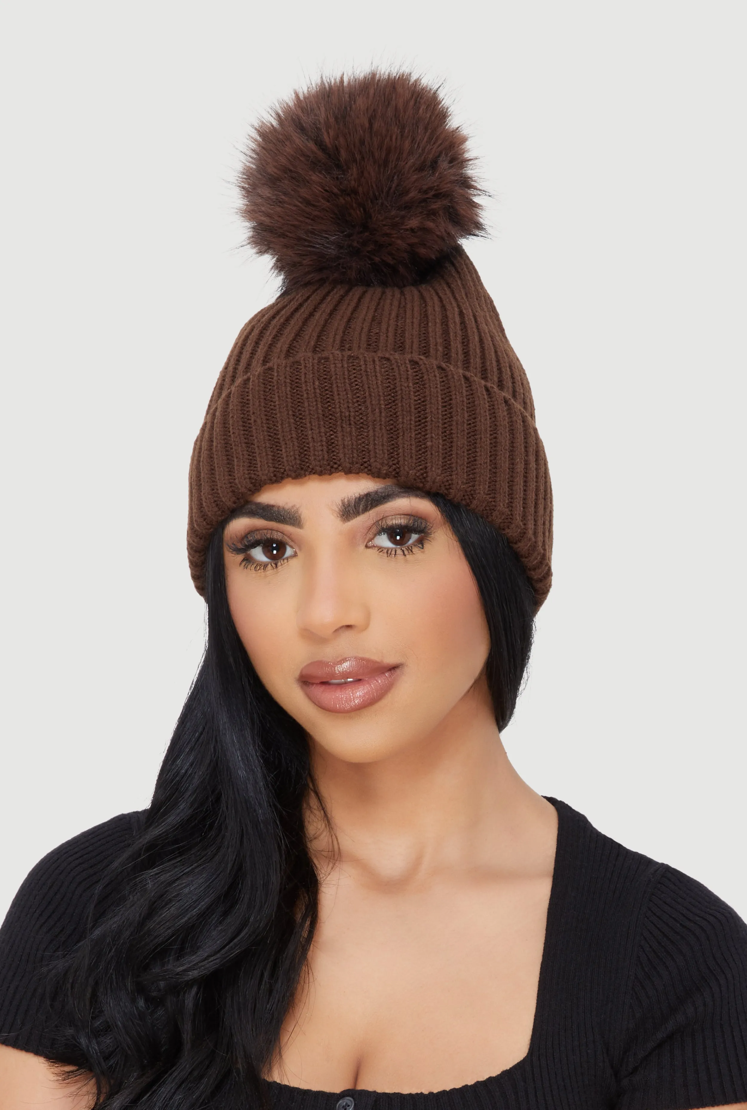 Trendy Faux Fur Pom Pom Detail Ribbed Knit Beanie sold by Rainbow product image thumbnail 2