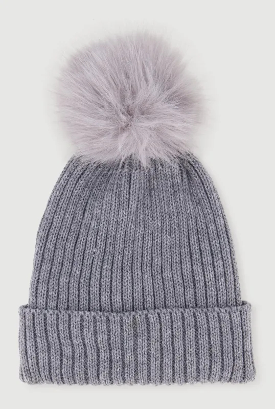 Trendy Faux Fur Pom Pom Detail Ribbed Knit Beanie sold by Rainbow