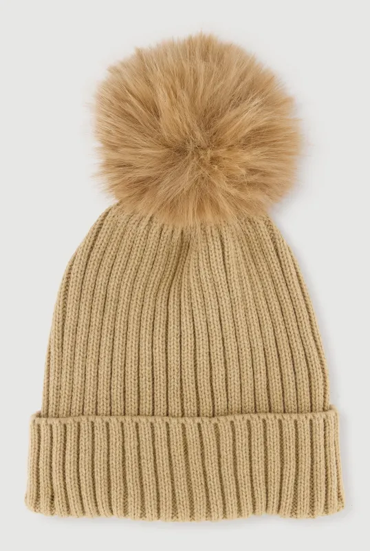 Trendy Faux Fur Pom Pom Detail Ribbed Knit Beanie sold by Rainbow