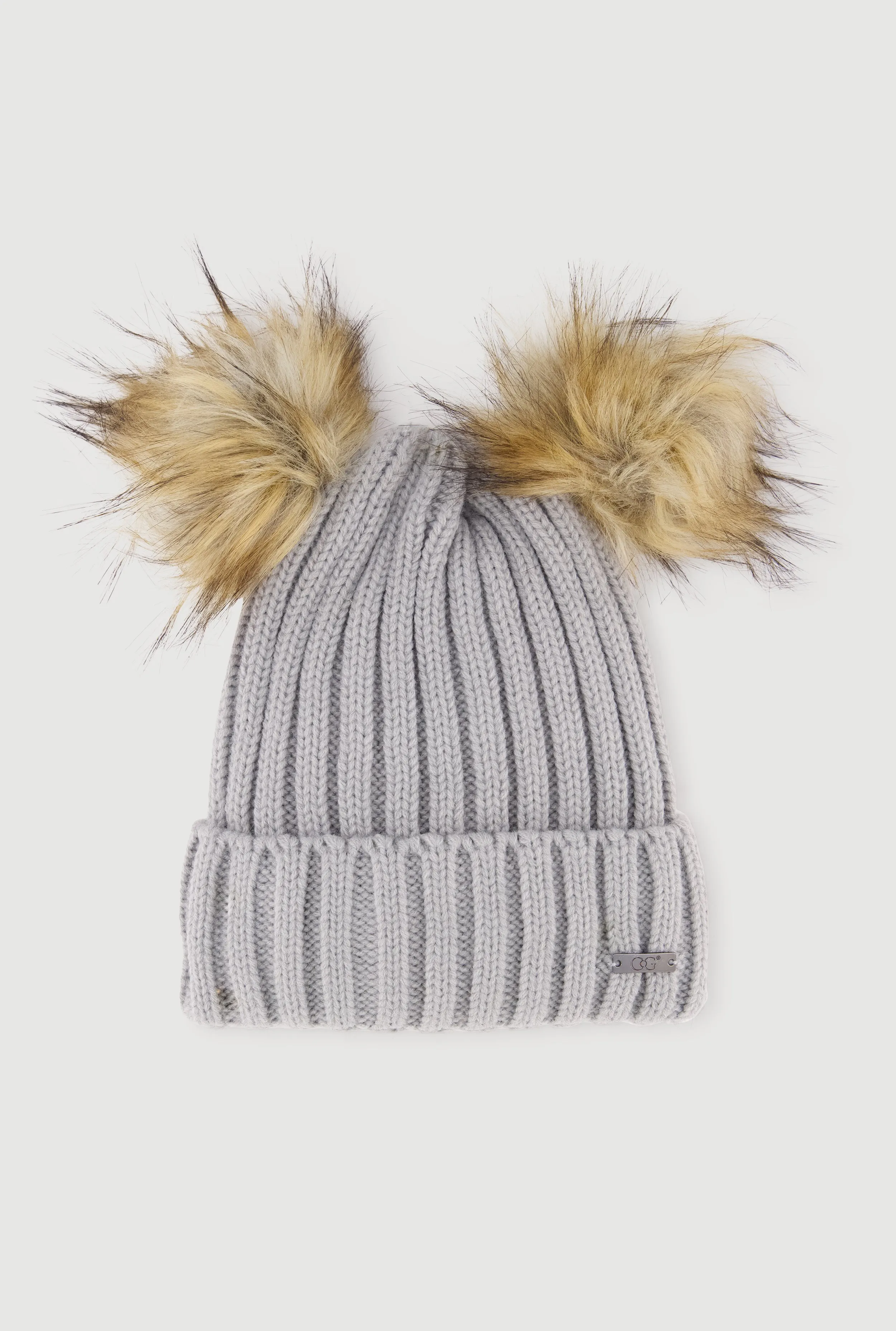 Double Faux Fur Pom Pom Rib Knit Beanie sold by Rainbow