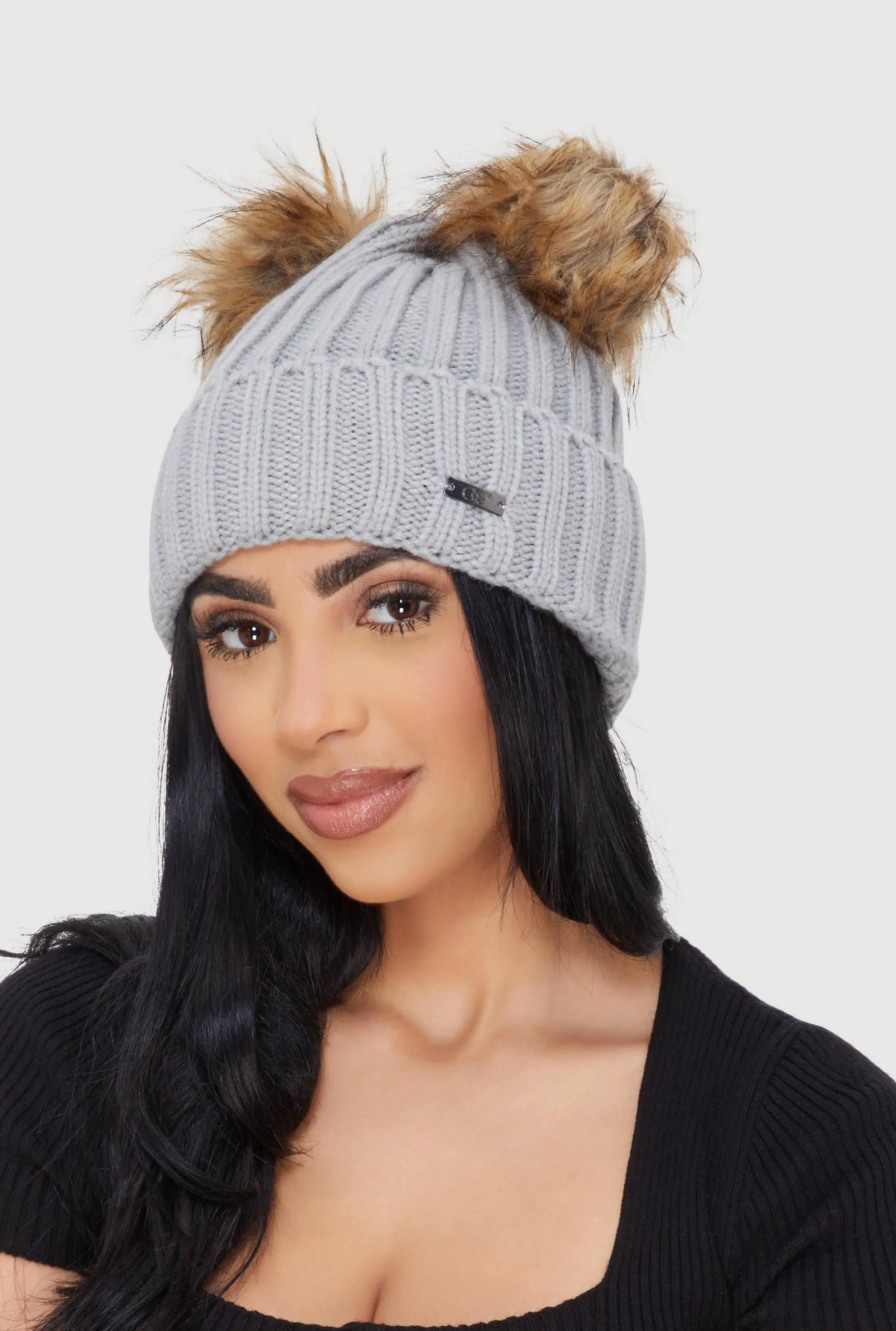 Double Faux Fur Pom Pom Rib Knit Beanie sold by Rainbow product image thumbnail 2