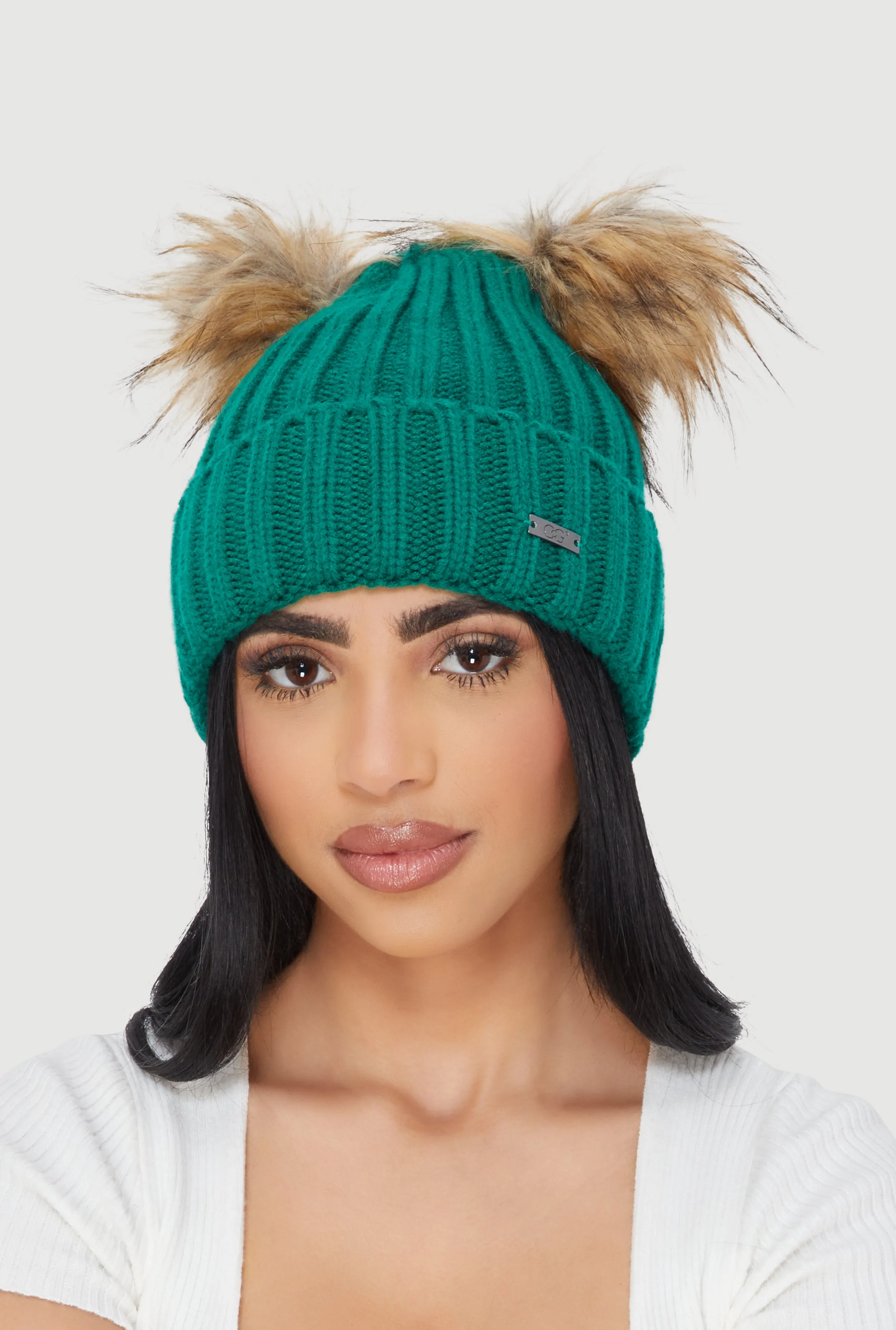 Double Faux Fur Pom Pom Rib Knit Beanie sold by Rainbow product image thumbnail 2