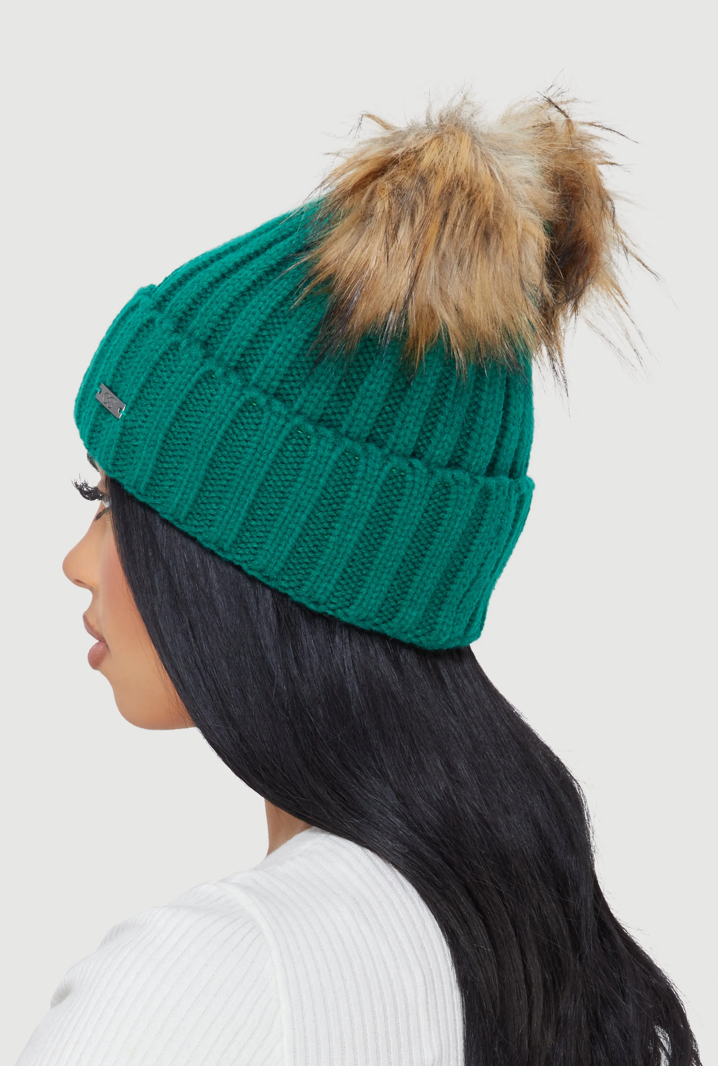 Double Faux Fur Pom Pom Rib Knit Beanie sold by Rainbow product image thumbnail 3