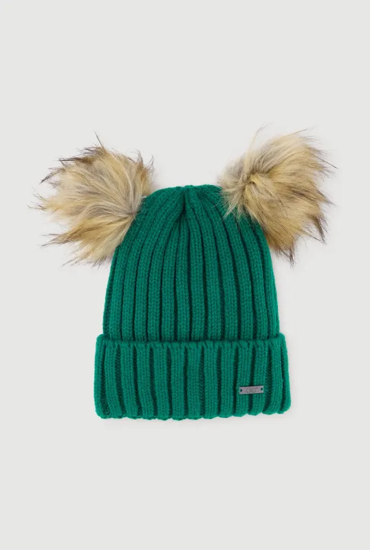 Double Faux Fur Pom Pom Rib Knit Beanie sold by Rainbow