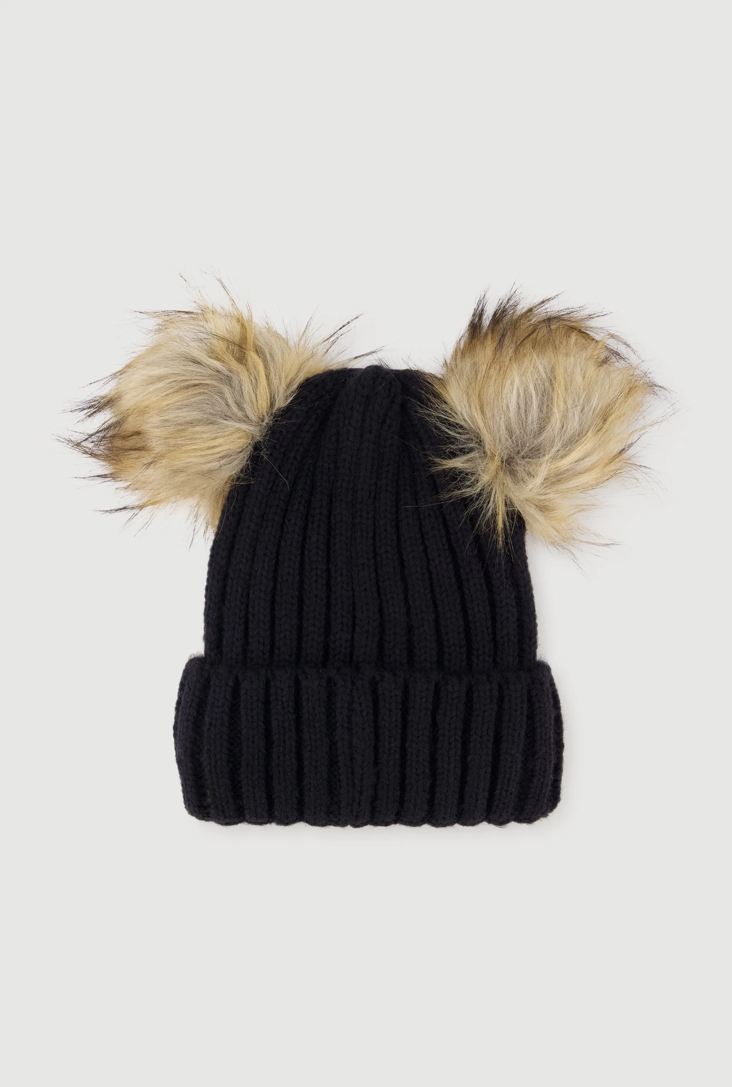 Double Faux Fur Pom Pom Rib Knit Beanie sold by Rainbow product image thumbnail 5