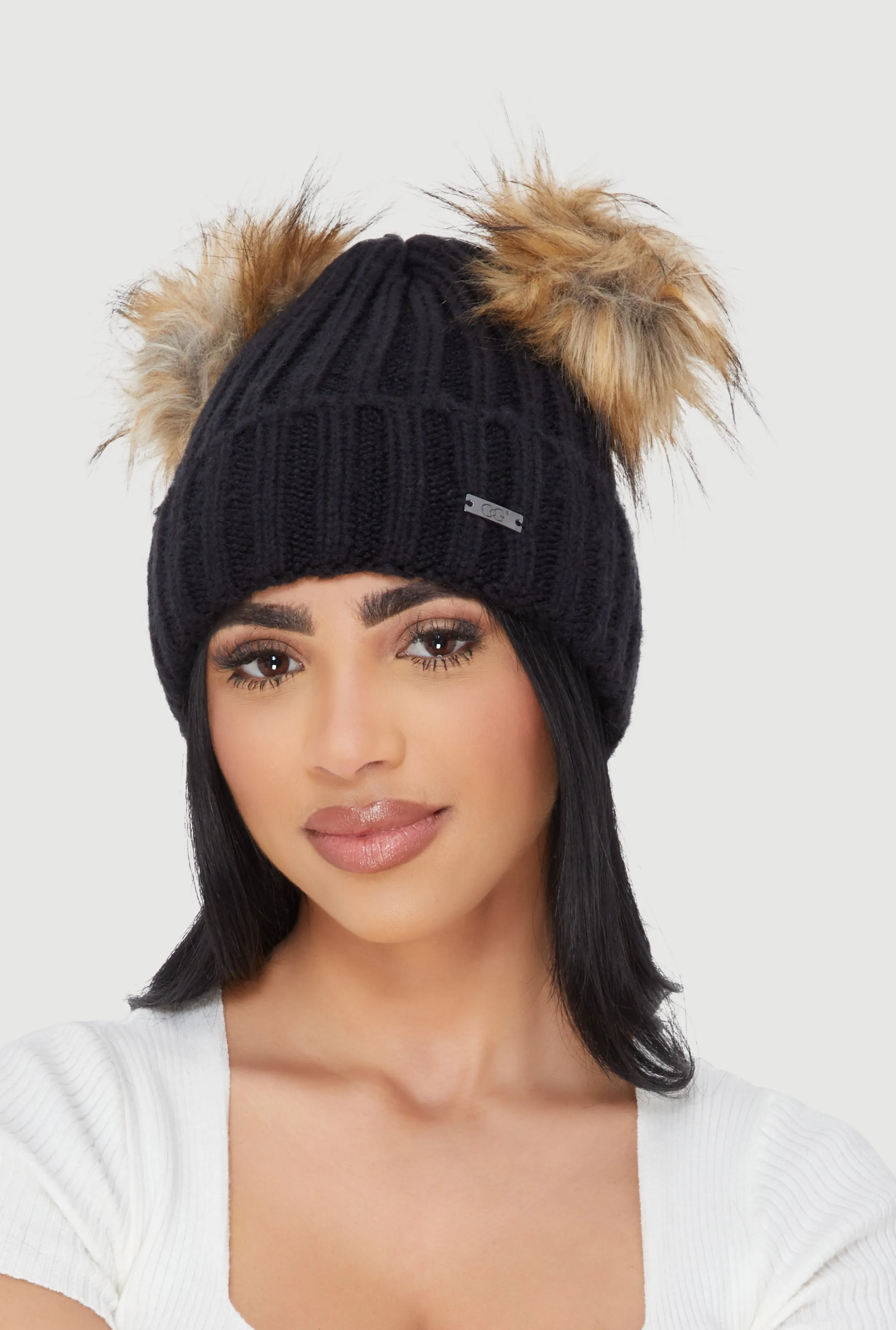Double Faux Fur Pom Pom Rib Knit Beanie sold by Rainbow product image thumbnail 2