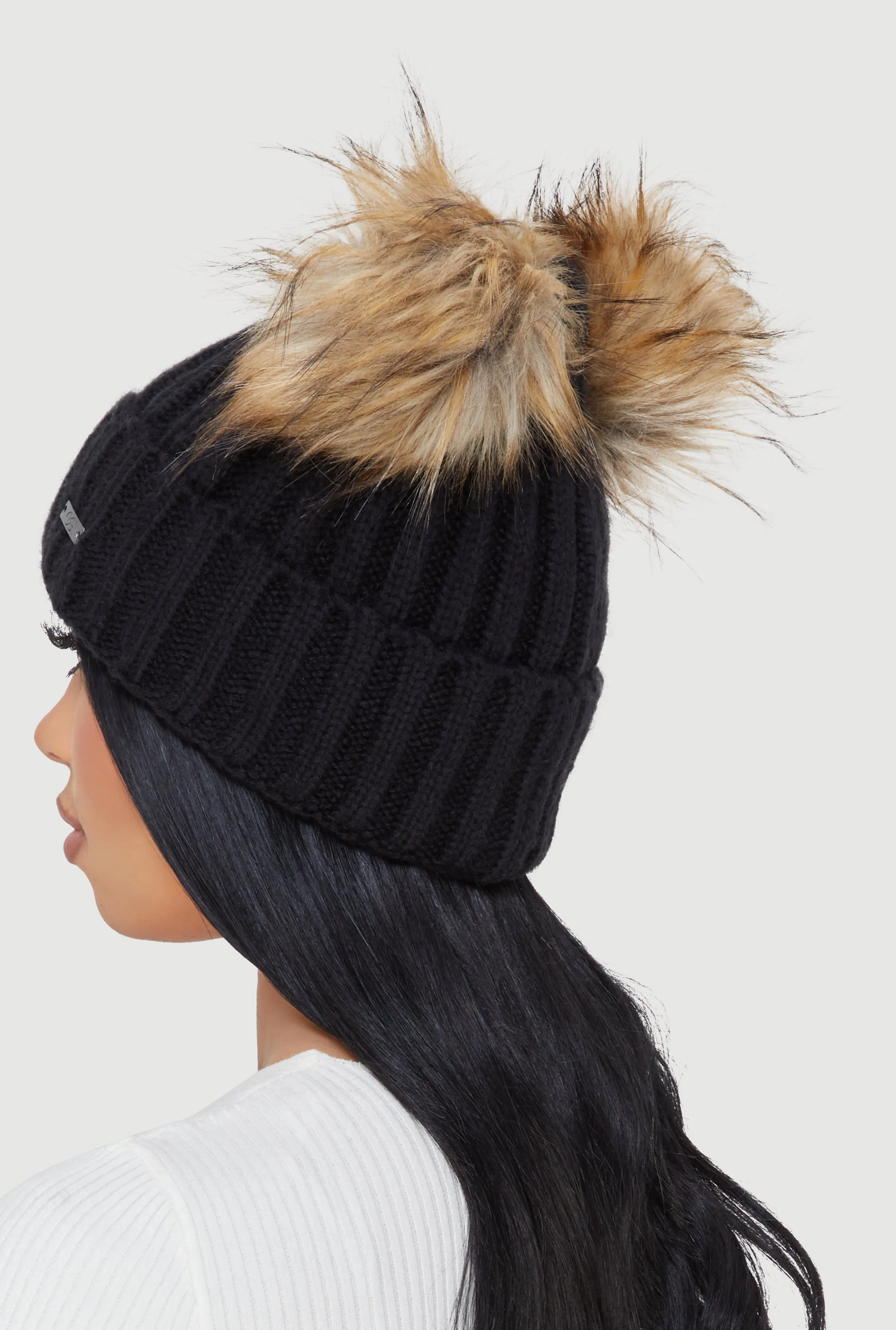 Double Faux Fur Pom Pom Rib Knit Beanie sold by Rainbow product image thumbnail 3