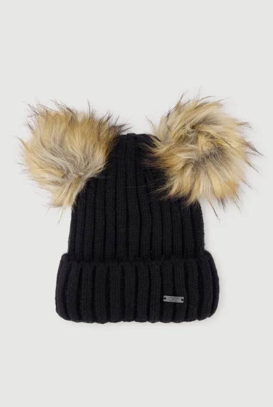 Double Faux Fur Pom Pom Rib Knit Beanie sold by Rainbow