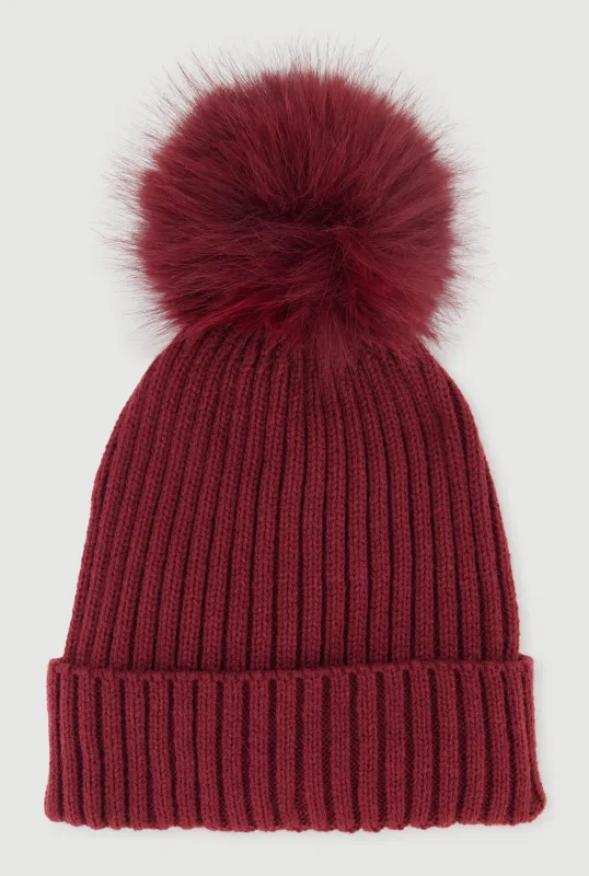 Trendy Faux Fur Pom Pom Detail Ribbed Knit Beanie sold by Rainbow
