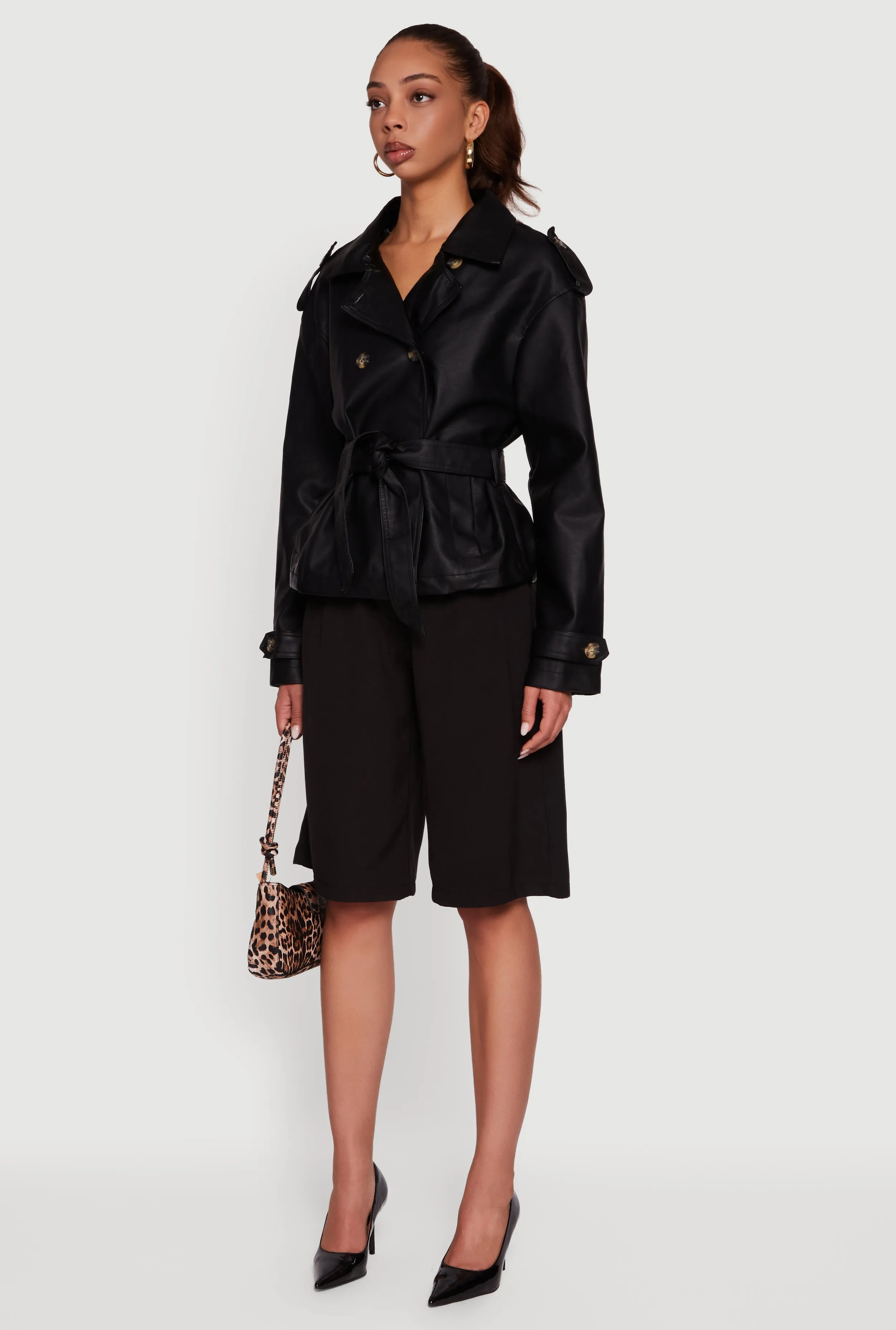 Faux Leather Double Breasted Short Trench Coat sold by Rainbow product image thumbnail 5