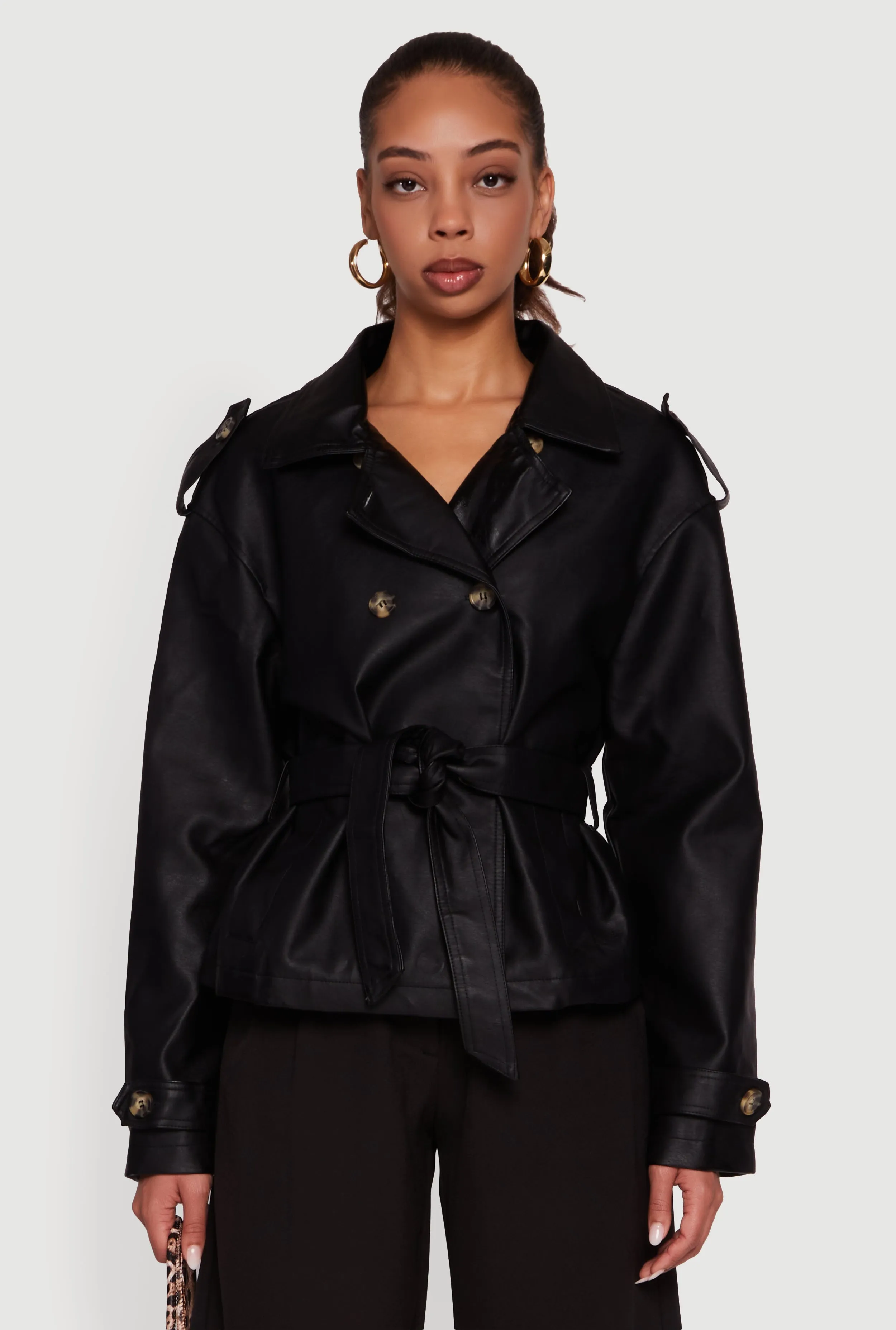 Faux Leather Double Breasted Short Trench Coat sold by Rainbow product image thumbnail 2