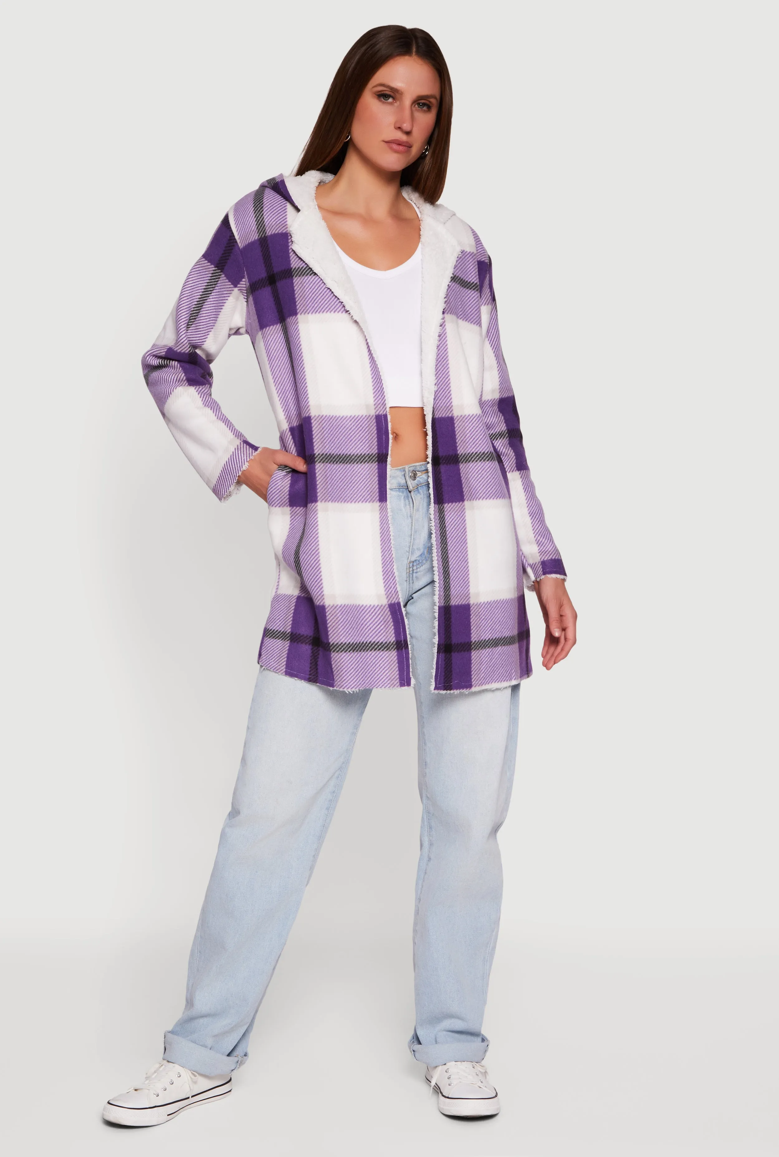 Plaid Patterned Hooded Open Front Sherpa Jacket sold by Rainbow product image thumbnail 3