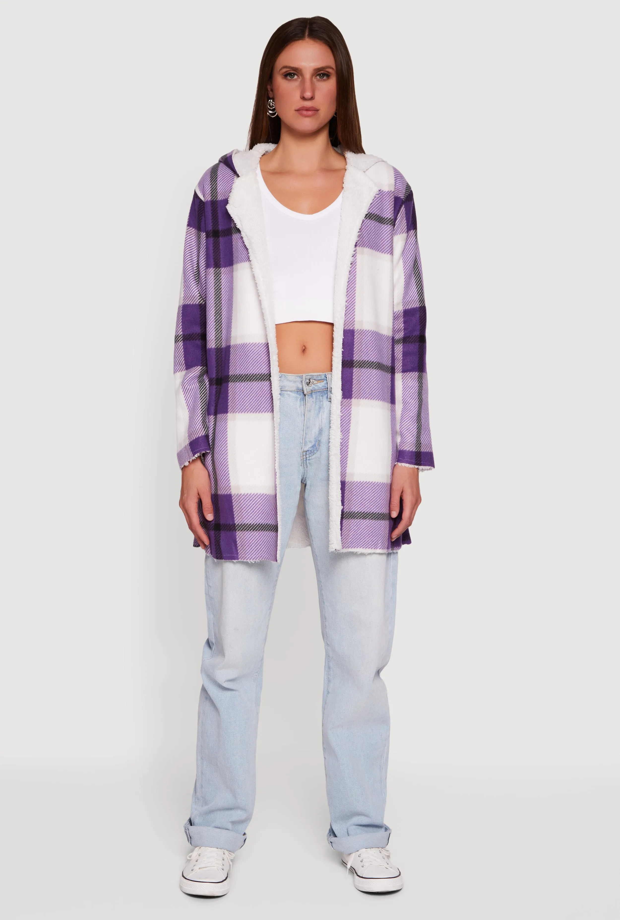 Plaid Patterned Hooded Open Front Sherpa Jacket sold by Rainbow