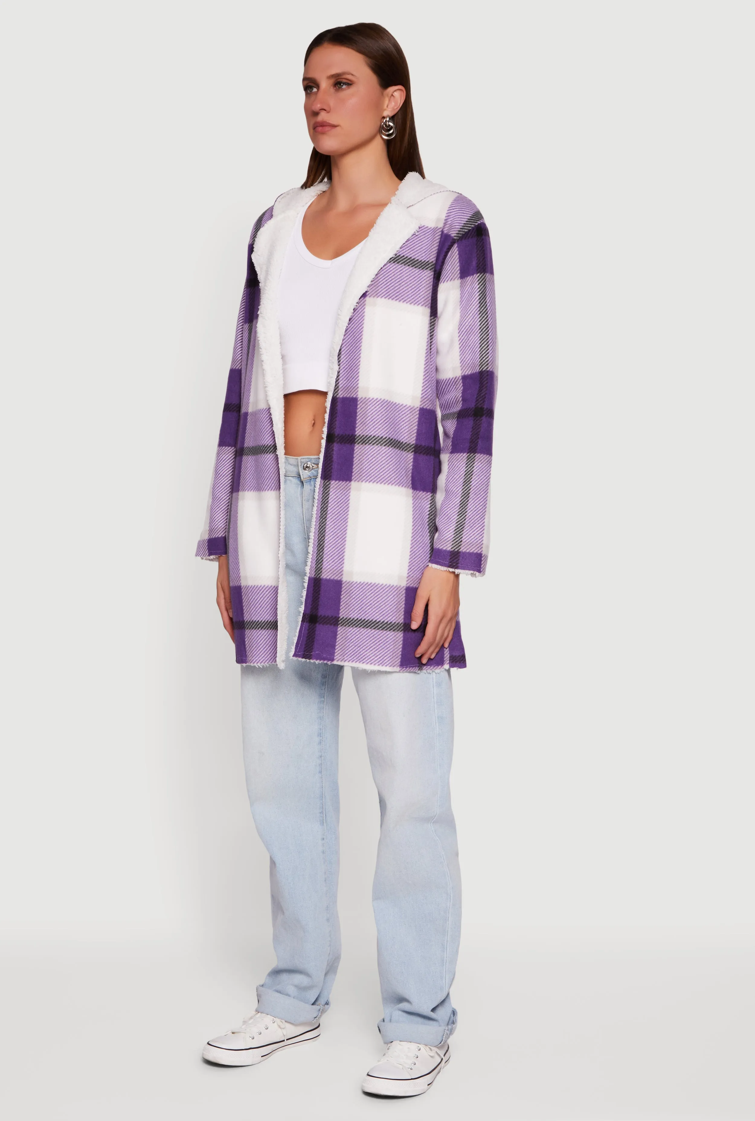 Plaid Patterned Hooded Open Front Sherpa Jacket sold by Rainbow product image thumbnail 5