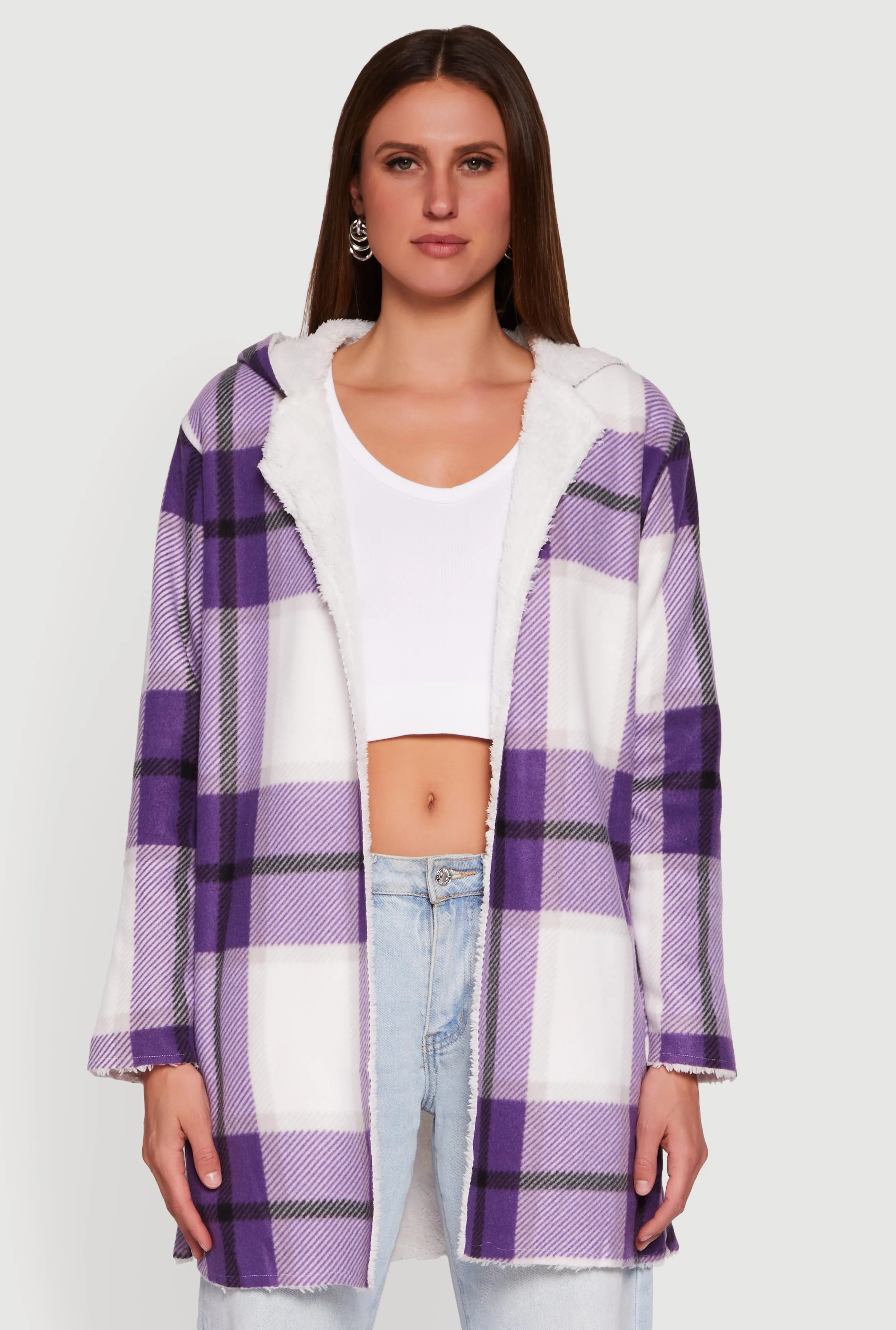 Plaid Patterned Hooded Open Front Sherpa Jacket sold by Rainbow product image thumbnail 2