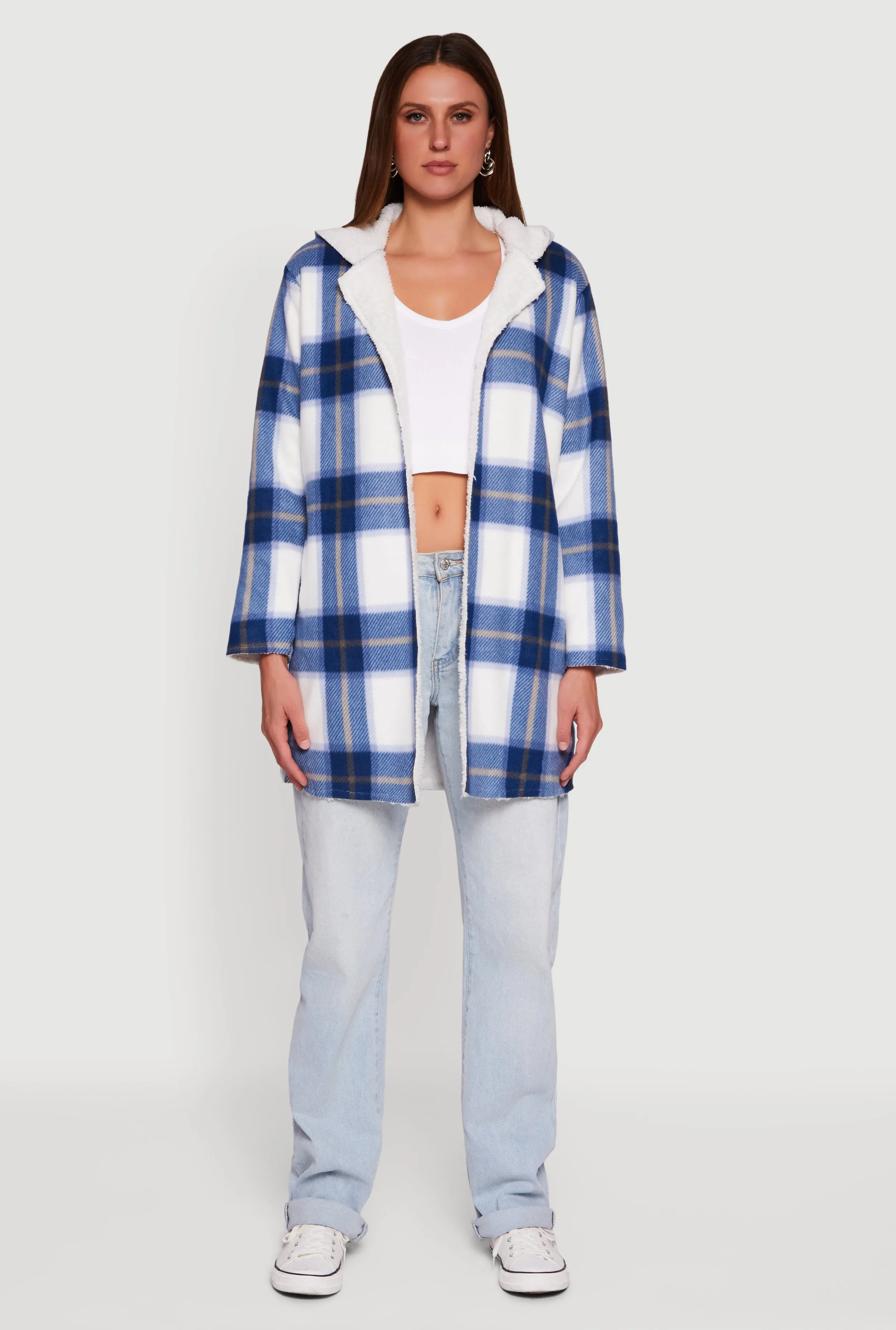 Plaid Patterned Hooded Open Front Sherpa Jacket sold by Rainbow product image thumbnail 3