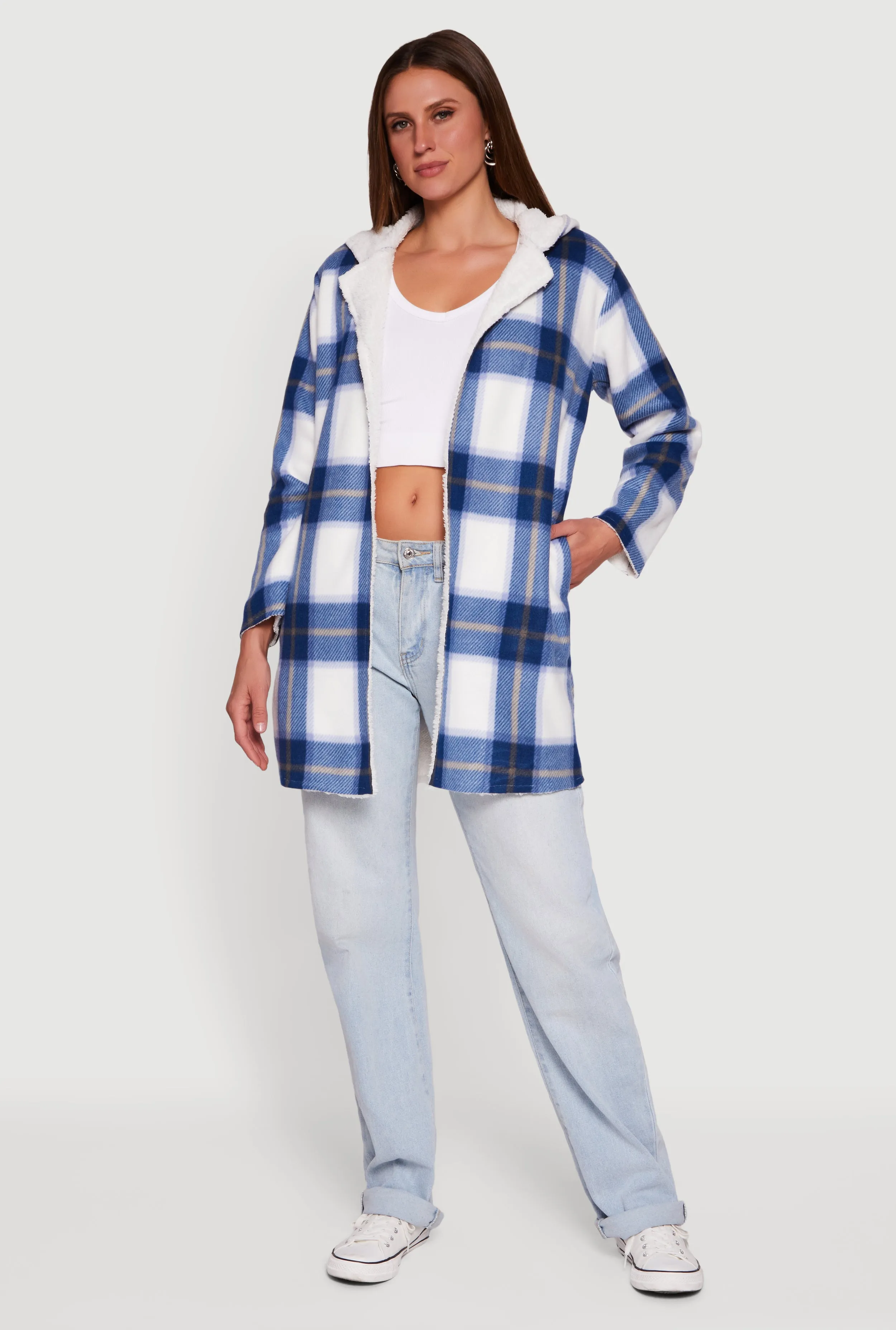 Plaid Patterned Hooded Open Front Sherpa Jacket sold by Rainbow