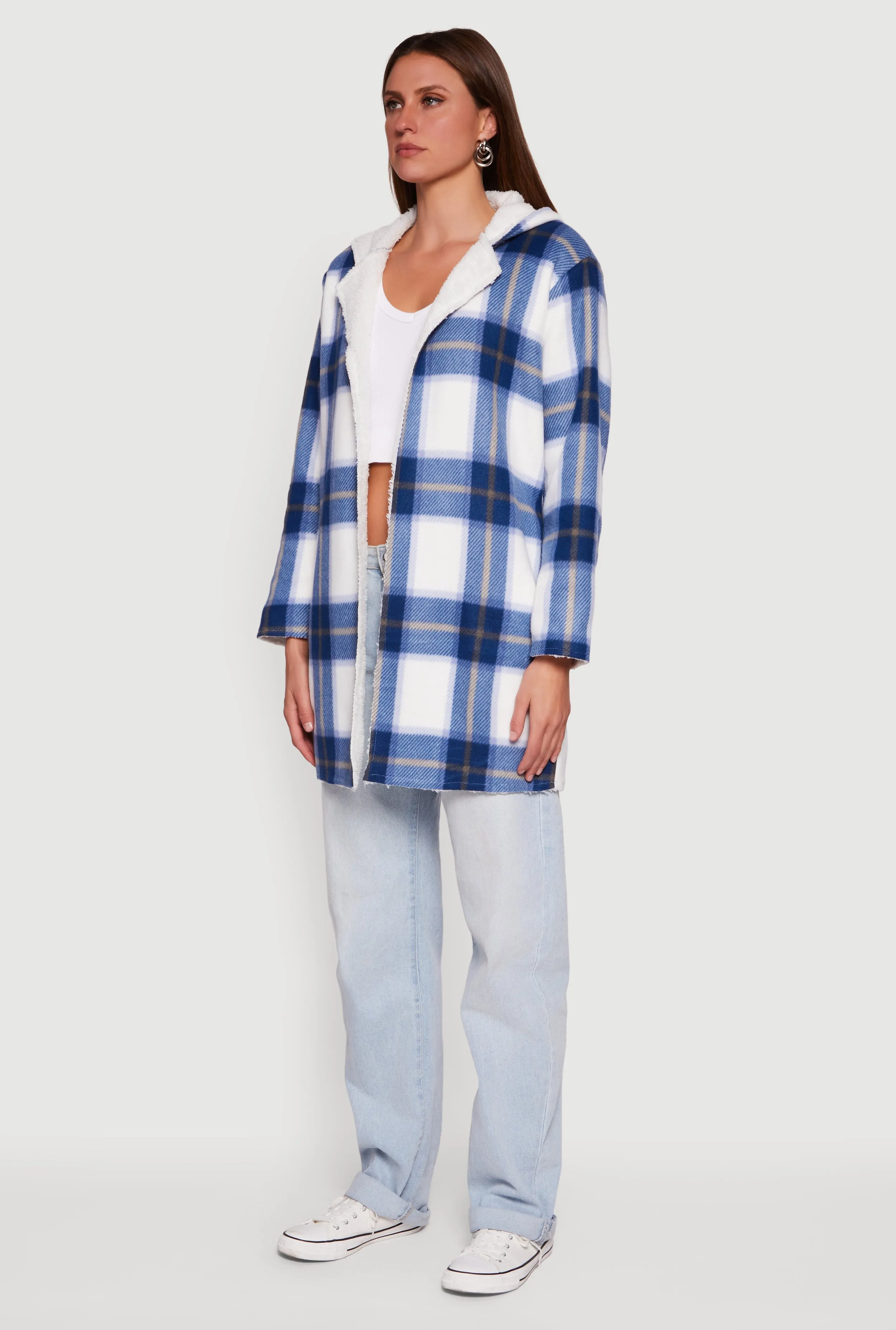 Plaid Patterned Hooded Open Front Sherpa Jacket sold by Rainbow product image thumbnail 5