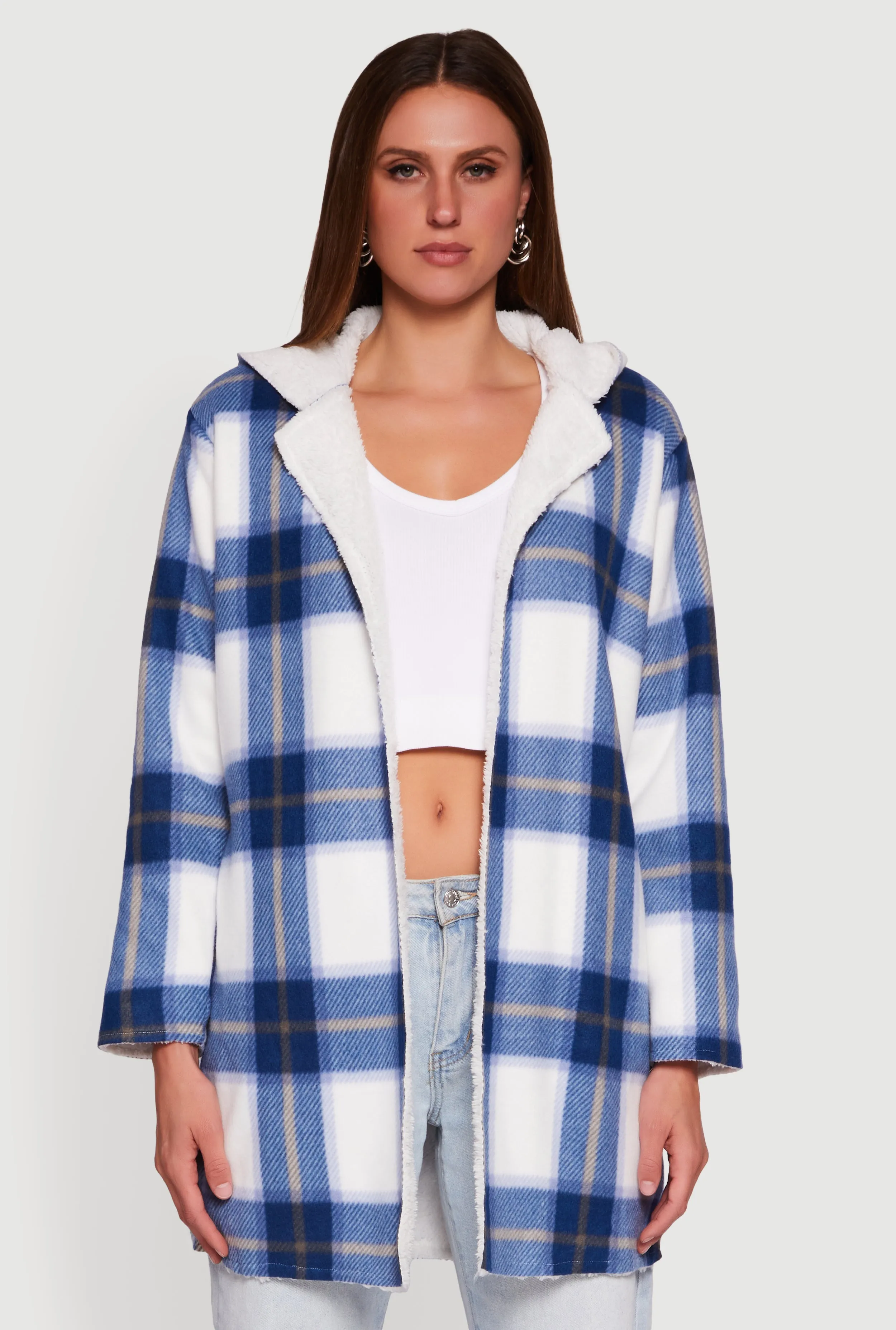 Plaid Patterned Hooded Open Front Sherpa Jacket sold by Rainbow product image thumbnail 2