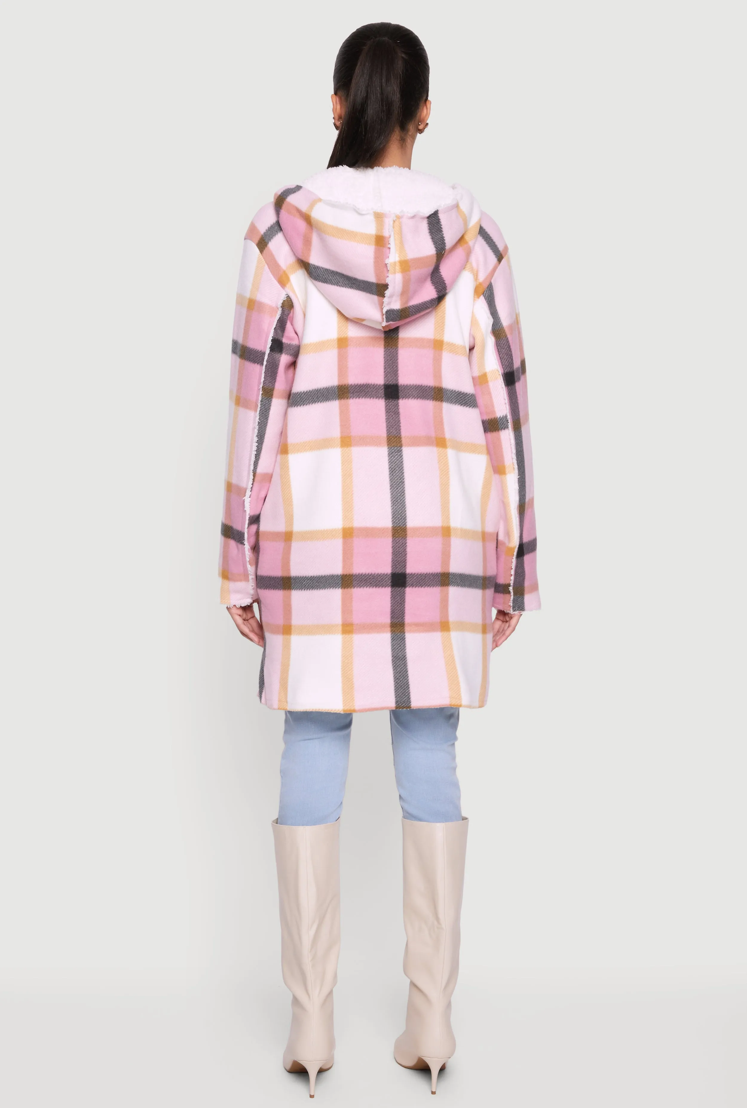 Plaid Patterned Hooded Open Front Sherpa Jacket sold by Rainbow product image thumbnail 5