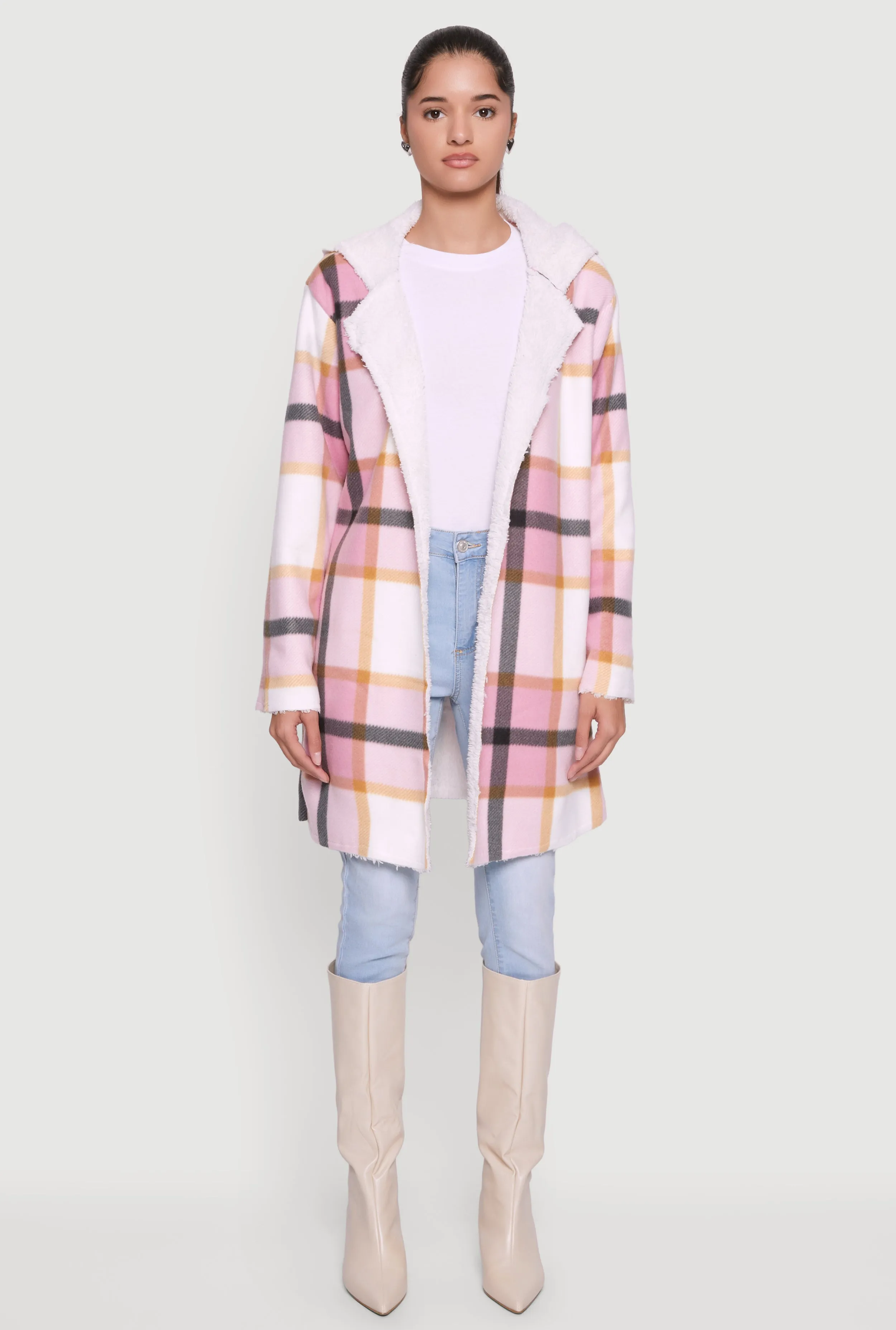 Plaid Patterned Hooded Open Front Sherpa Jacket sold by Rainbow product image thumbnail 2
