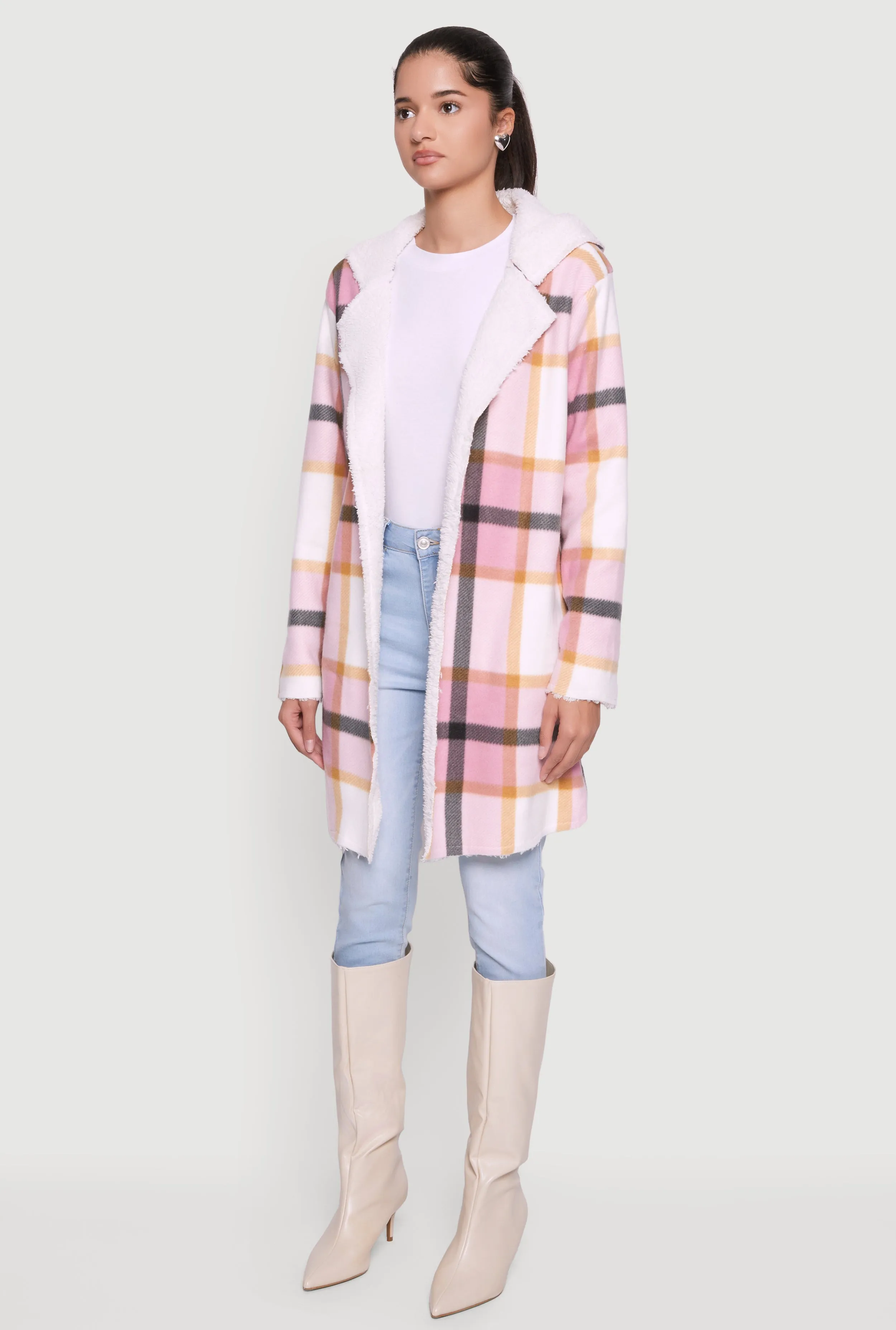 Plaid Patterned Hooded Open Front Sherpa Jacket sold by Rainbow product image thumbnail 3