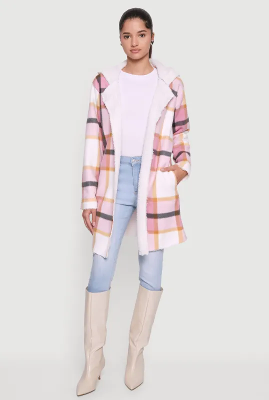 Plaid Patterned Hooded Open Front Sherpa Jacket sold by Rainbow