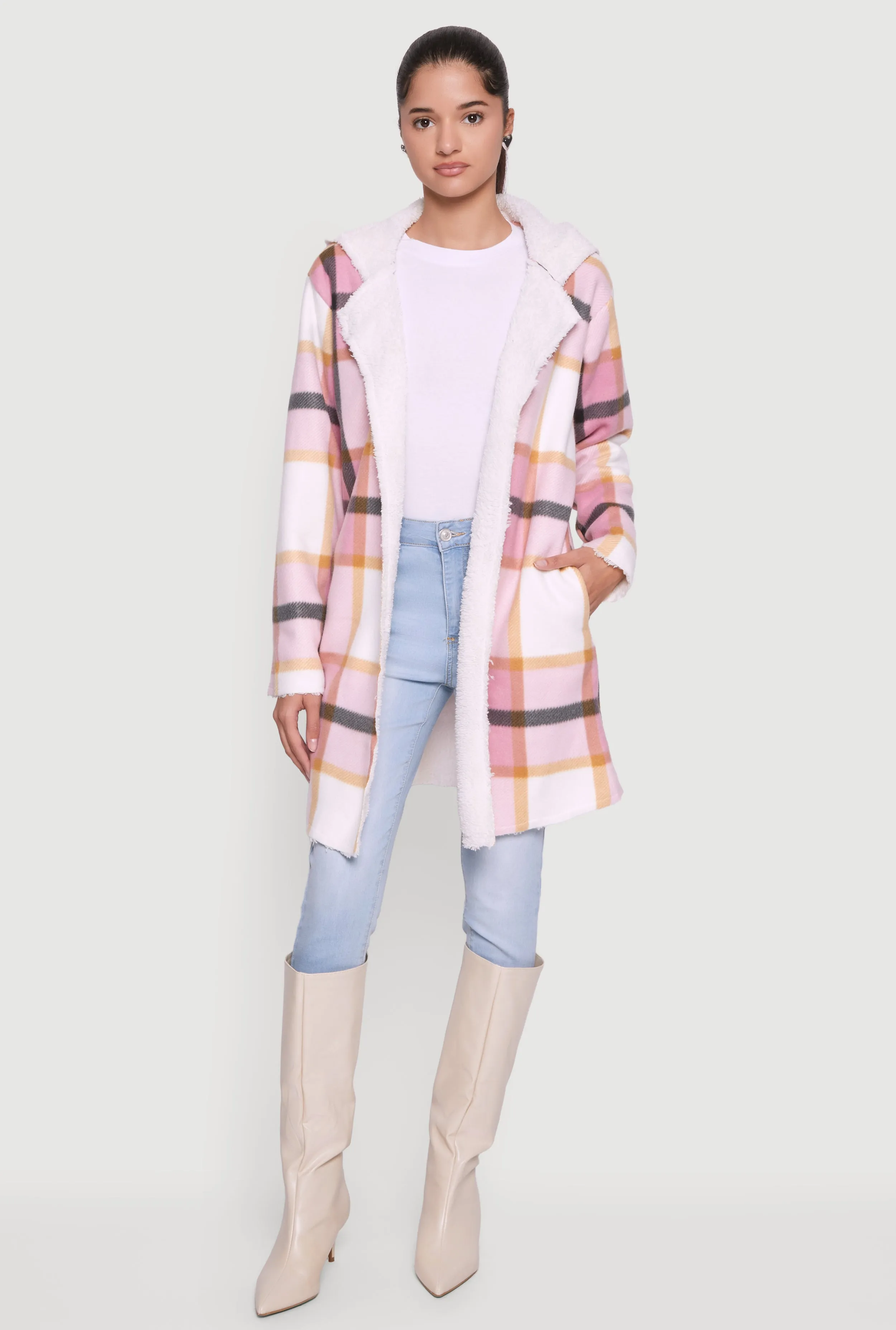 Plaid Patterned Hooded Open Front Sherpa Jacket sold by Rainbow