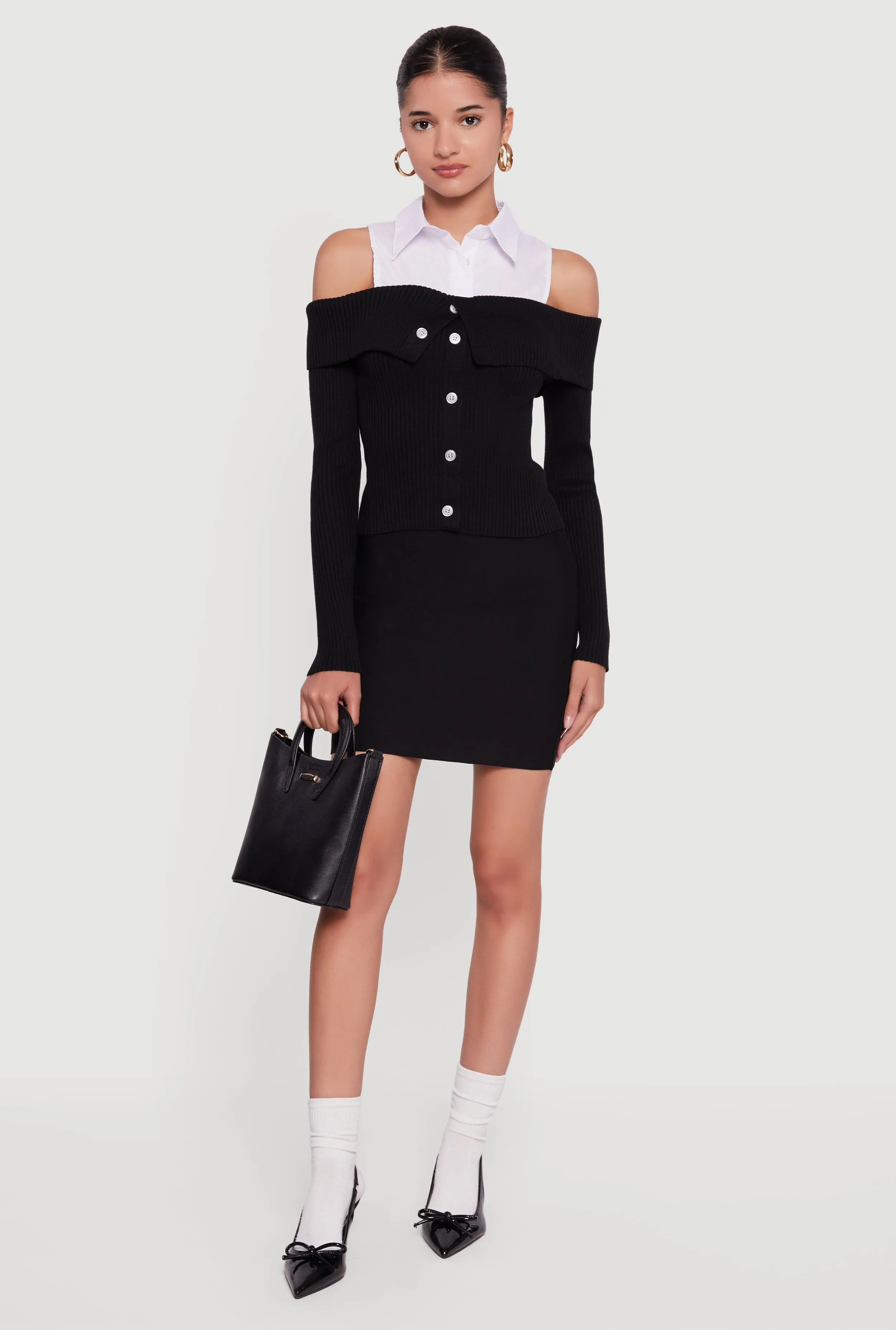 Cold Shoulder Fold Over Layered Look Sweater sold by Rainbow product image thumbnail 2