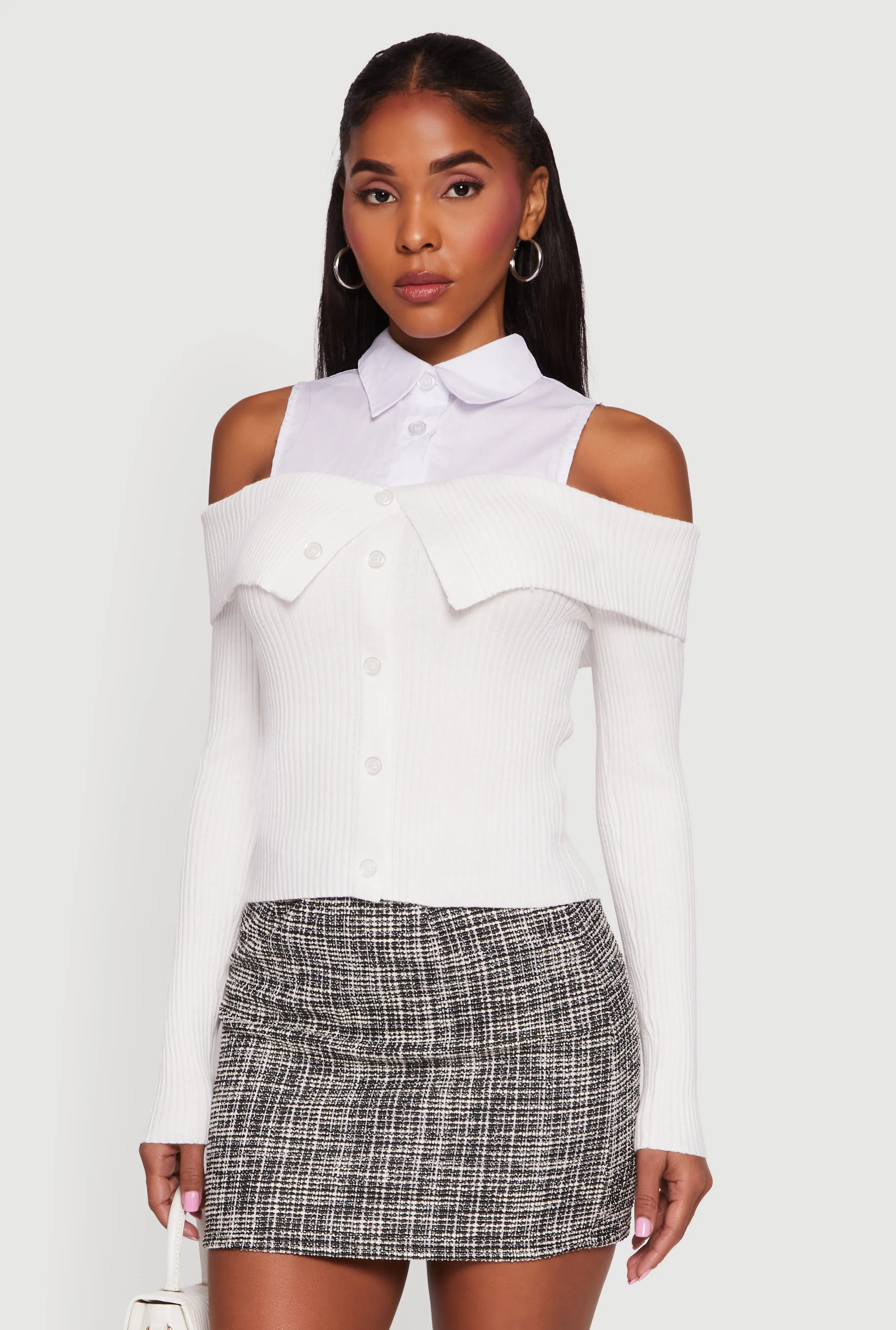 Cold Shoulder Fold Over Layered Look Sweater sold by Rainbow product image thumbnail 2