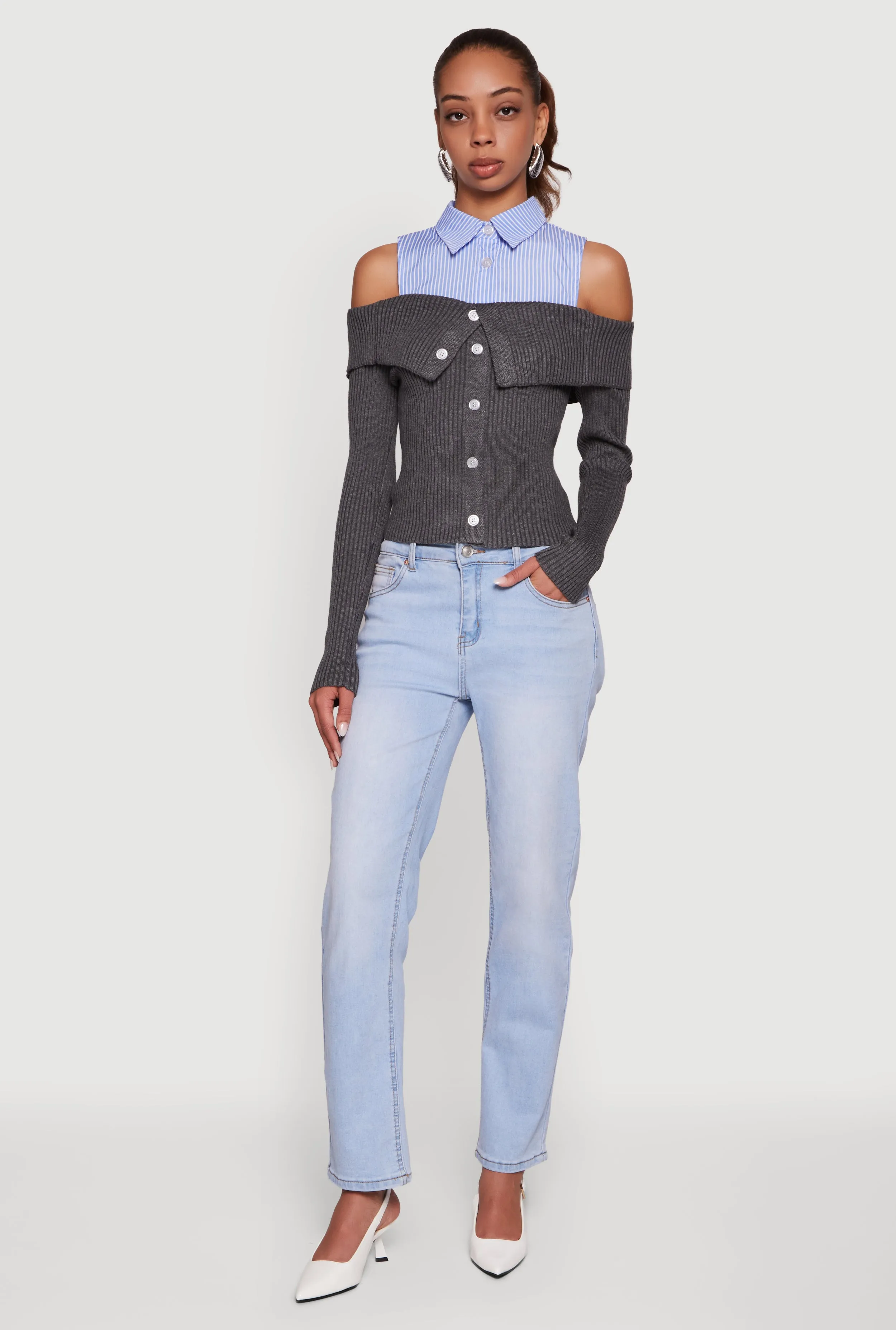 Cold Shoulder Fold Over Layered Look Sweater sold by Rainbow