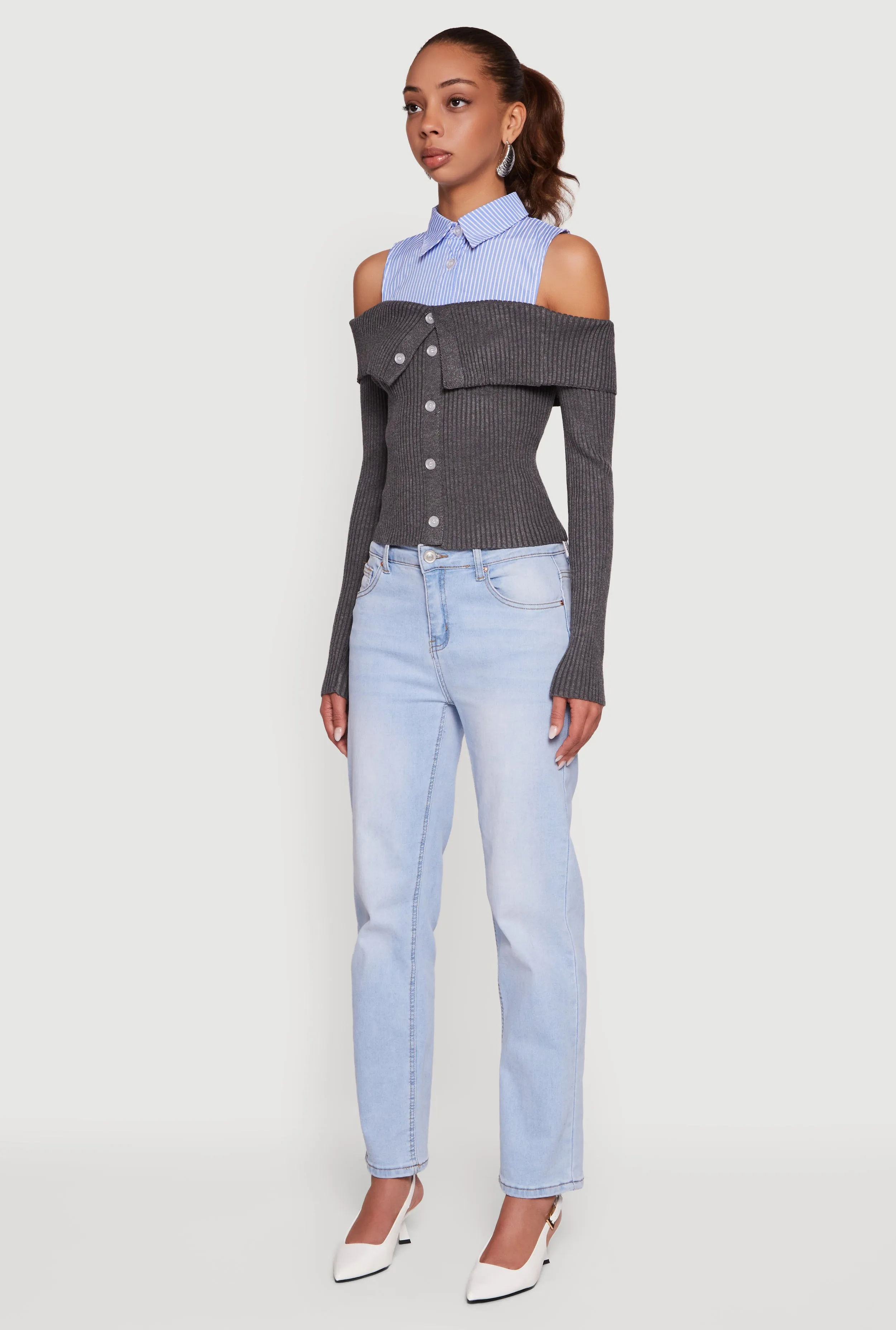 Cold Shoulder Fold Over Layered Look Sweater sold by Rainbow product image thumbnail 5